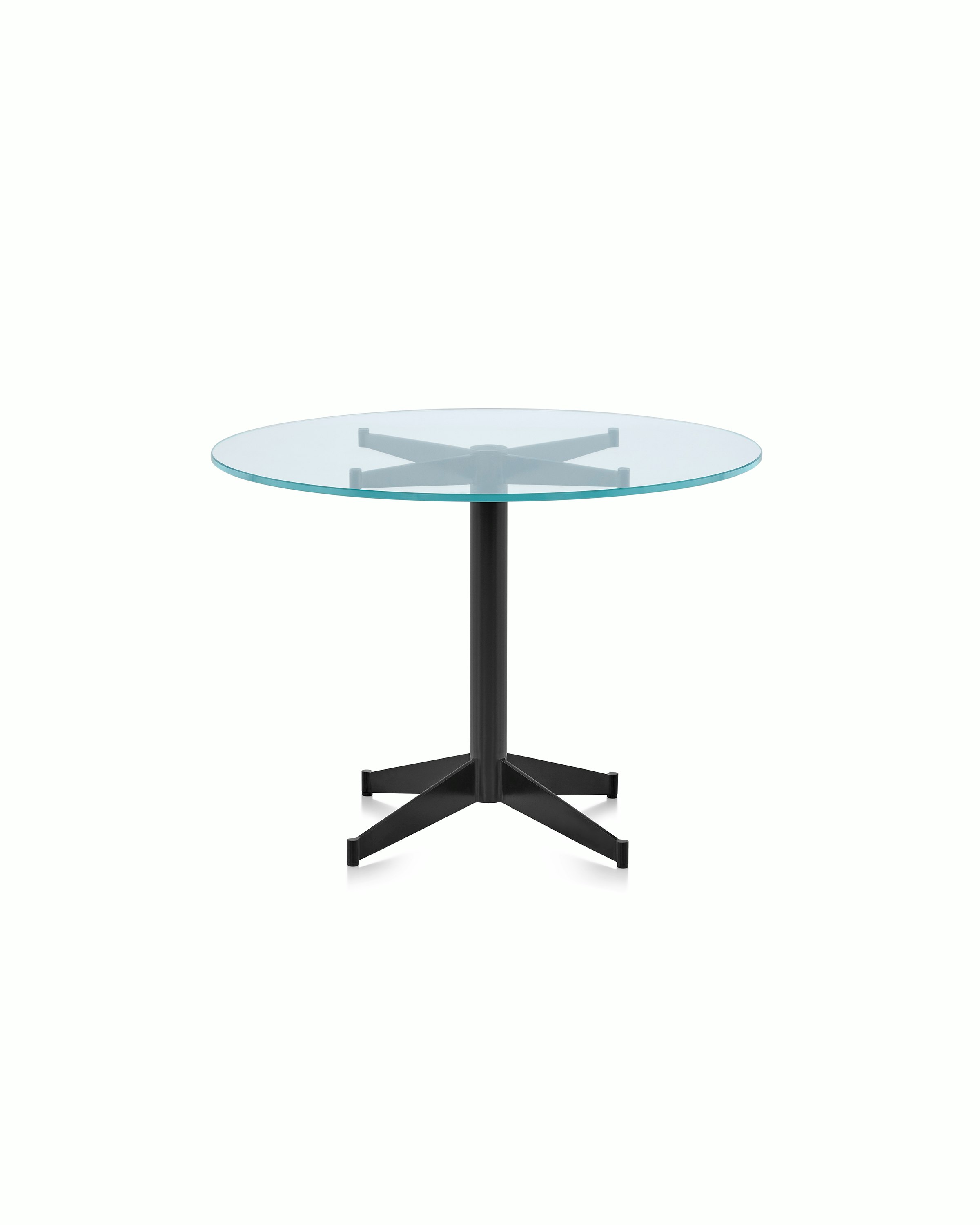 A round MP Occasional Table with a glass top and black base.