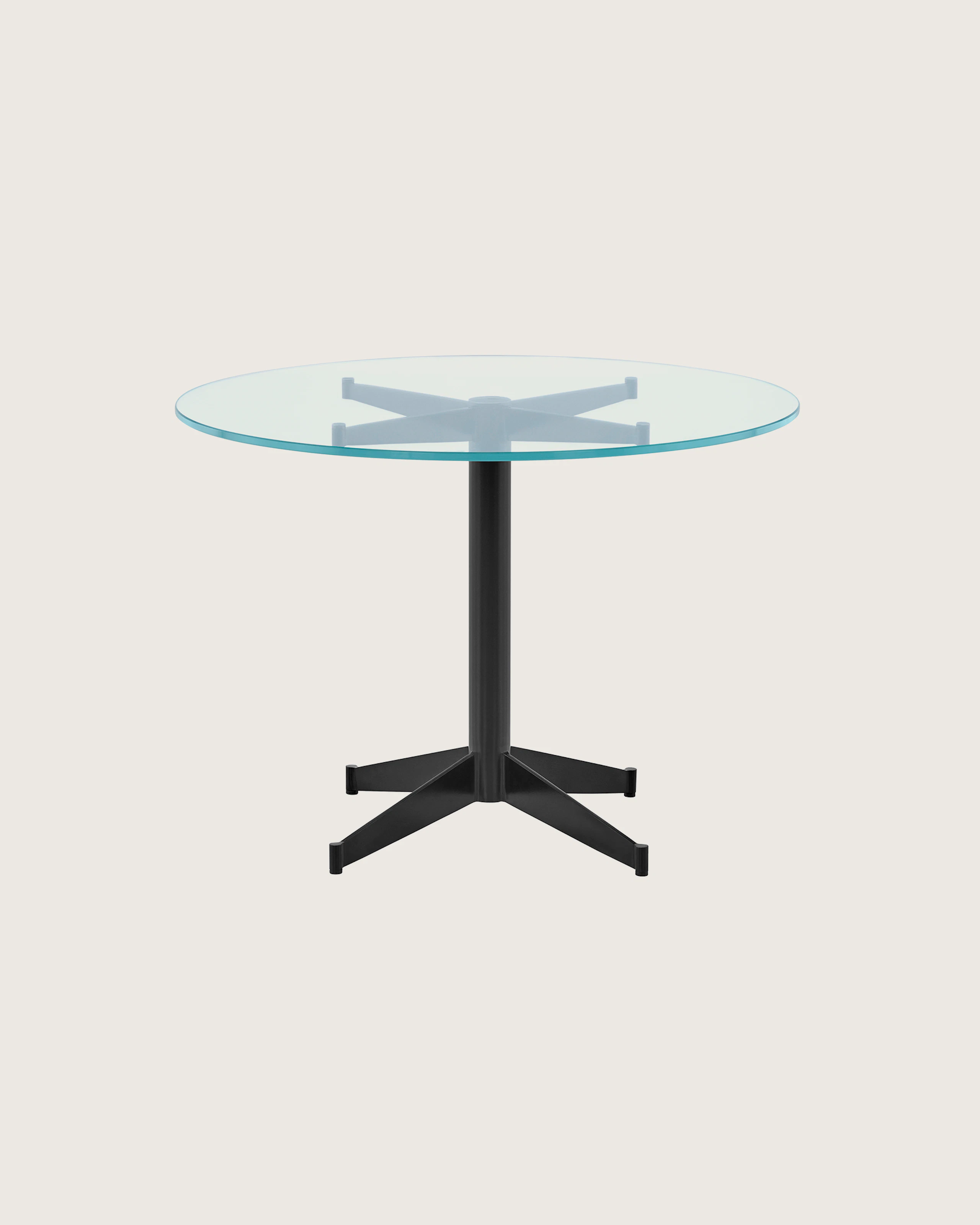 A round MP Occasional Table with a glass top and black base.