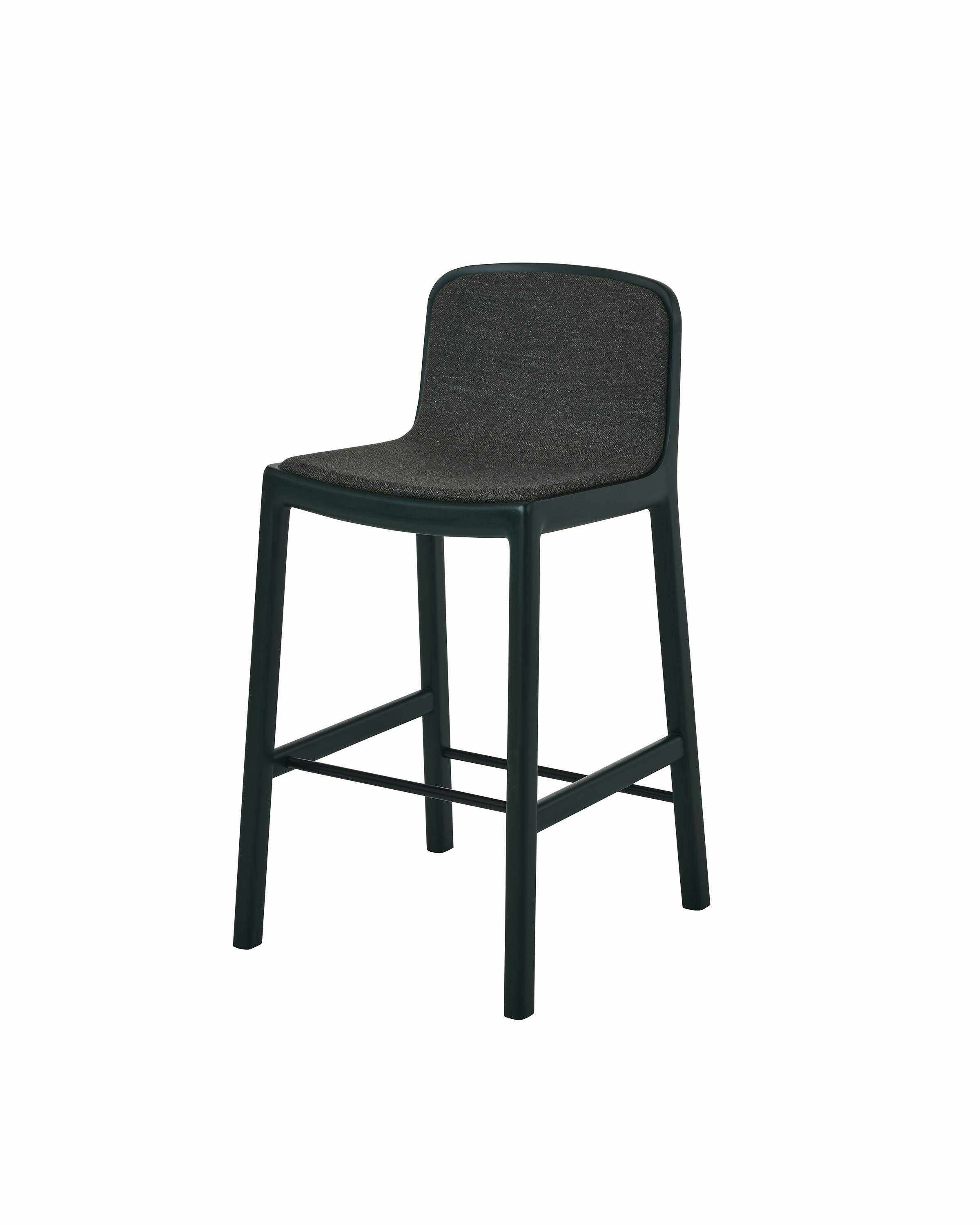 Lijn Stool by Carole Baijings for Geiger in Ivy frame upholstered with Bellano in Black Green, angled front view on a white sweep.