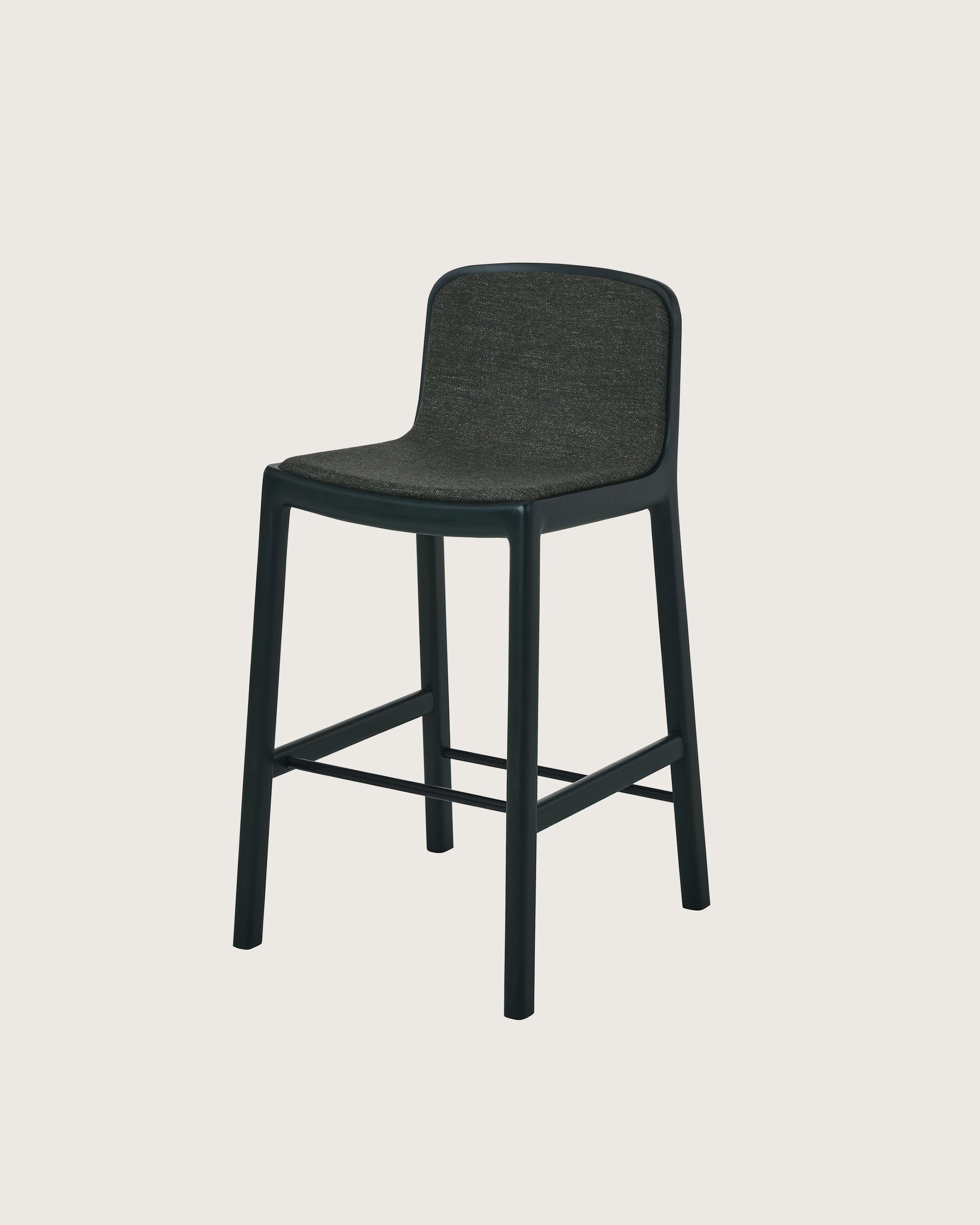 Lijn Stool by Carole Baijings for Geiger in Ivy frame upholstered with Bellano in Black Green, angled front view on a white sweep.