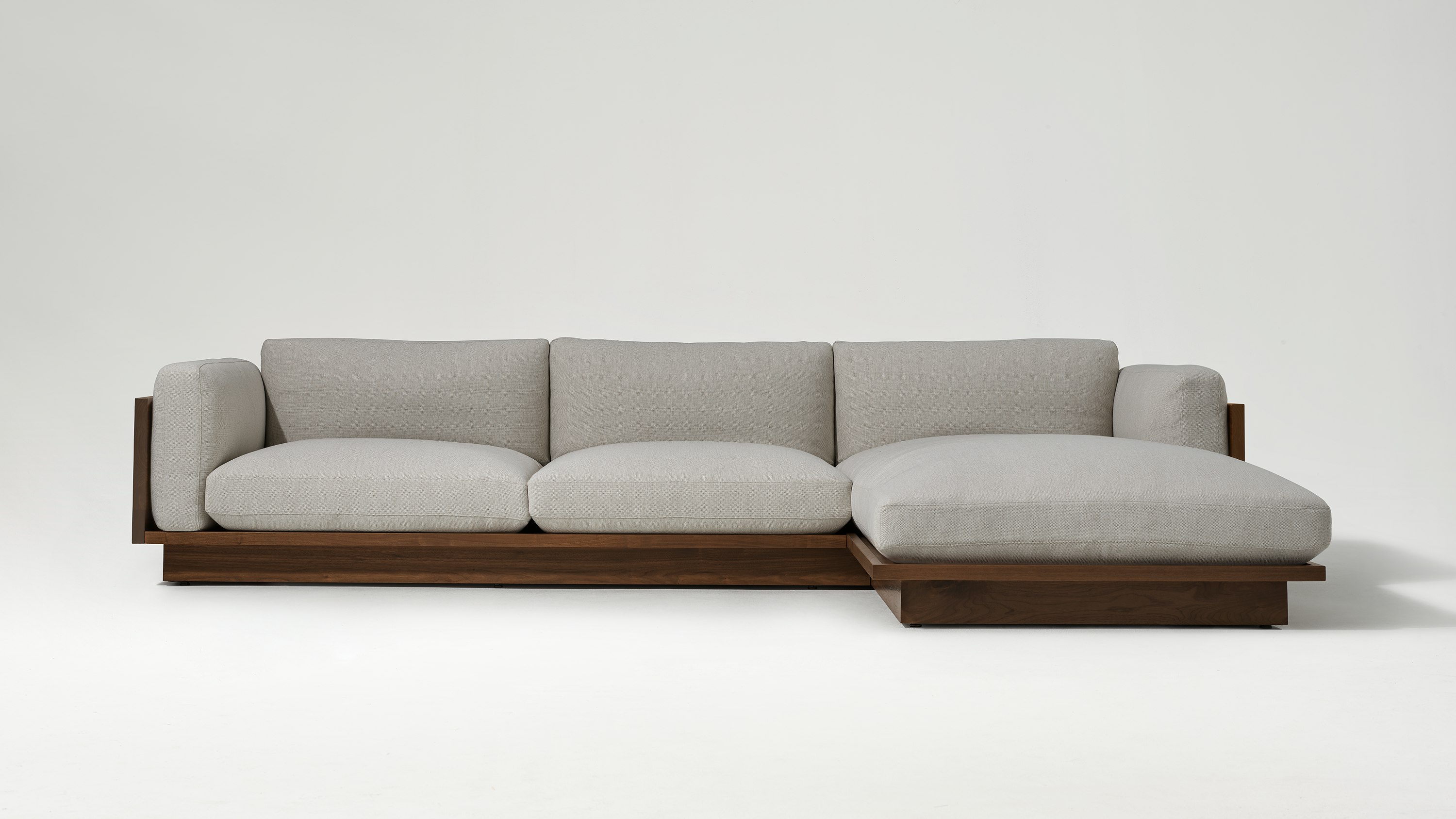 Pawson Drift Sofa Sectional in walnut and grey cushions (Mode Clavicle)