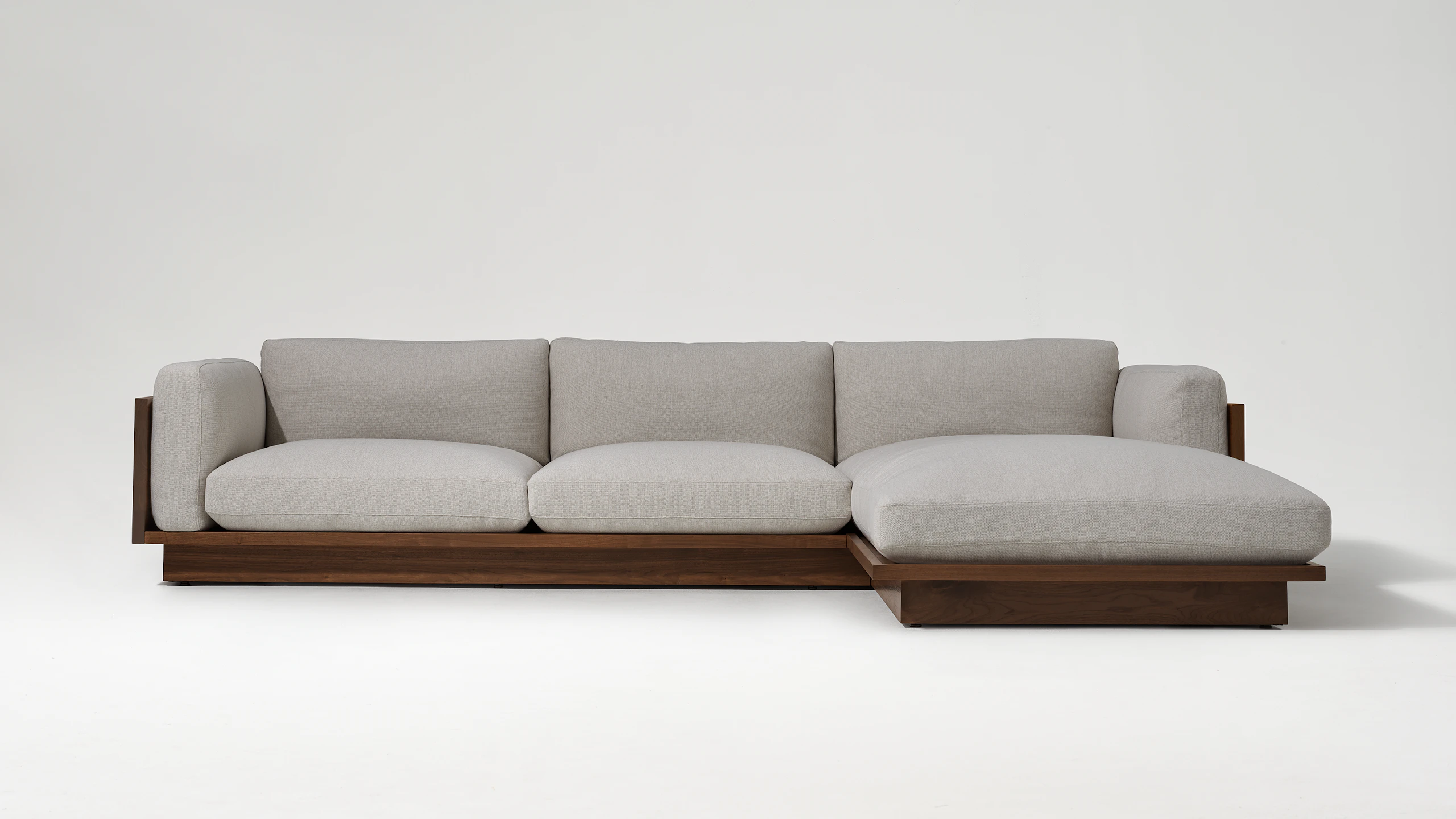 Pawson Drift Sofa Sectional in walnut and grey cushions (Mode Clavicle)