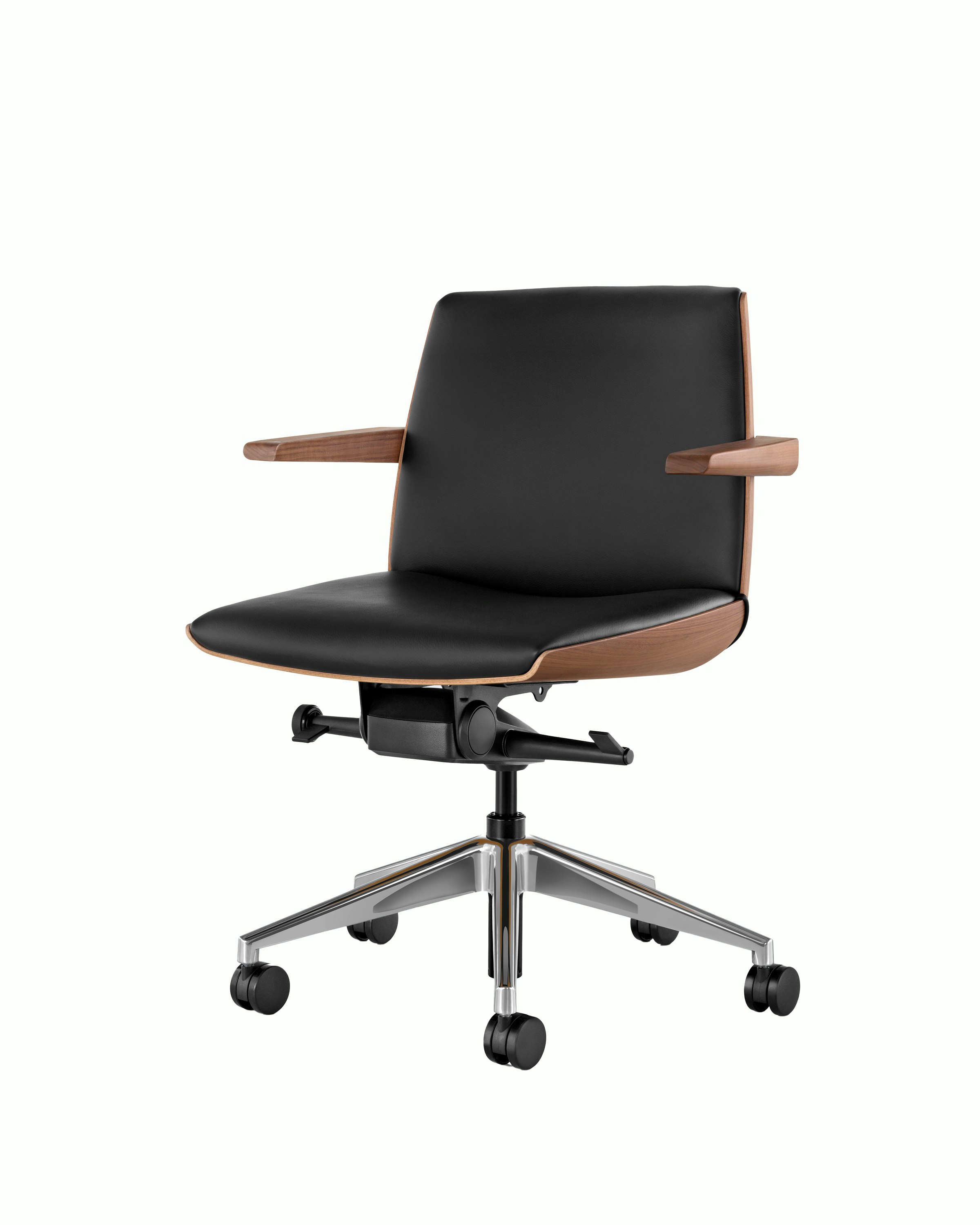 Angle view of a low-back Clamshell Conference chair with black leather upholstery, a walnut shell, with arms.