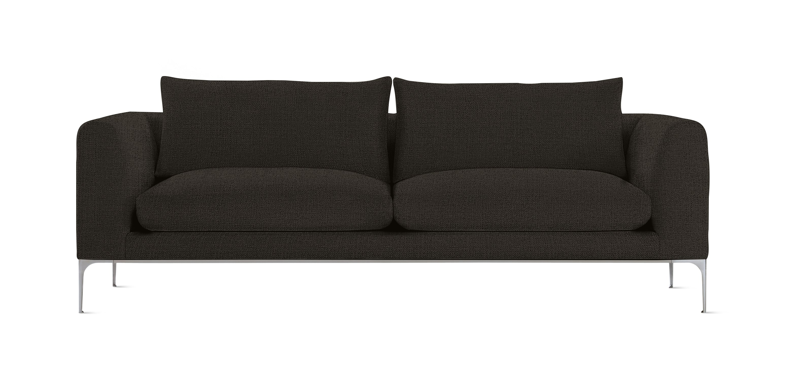 A Jonas Sofa in Pebble Weave, Chocolate with Aluminum finish viewed from the front.