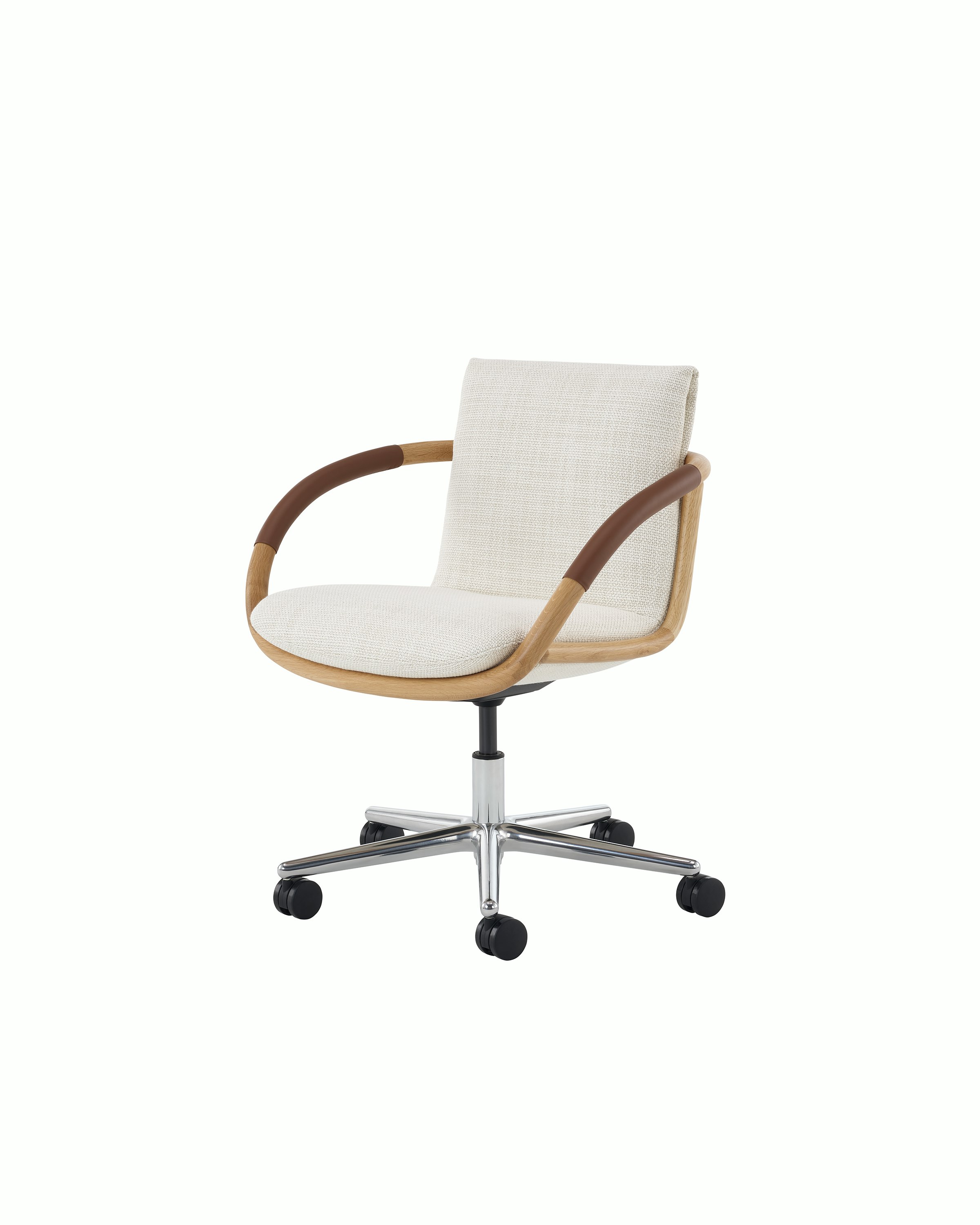Full Loop Office Chair in Oak and Capri Snow with 5 star base on casters.