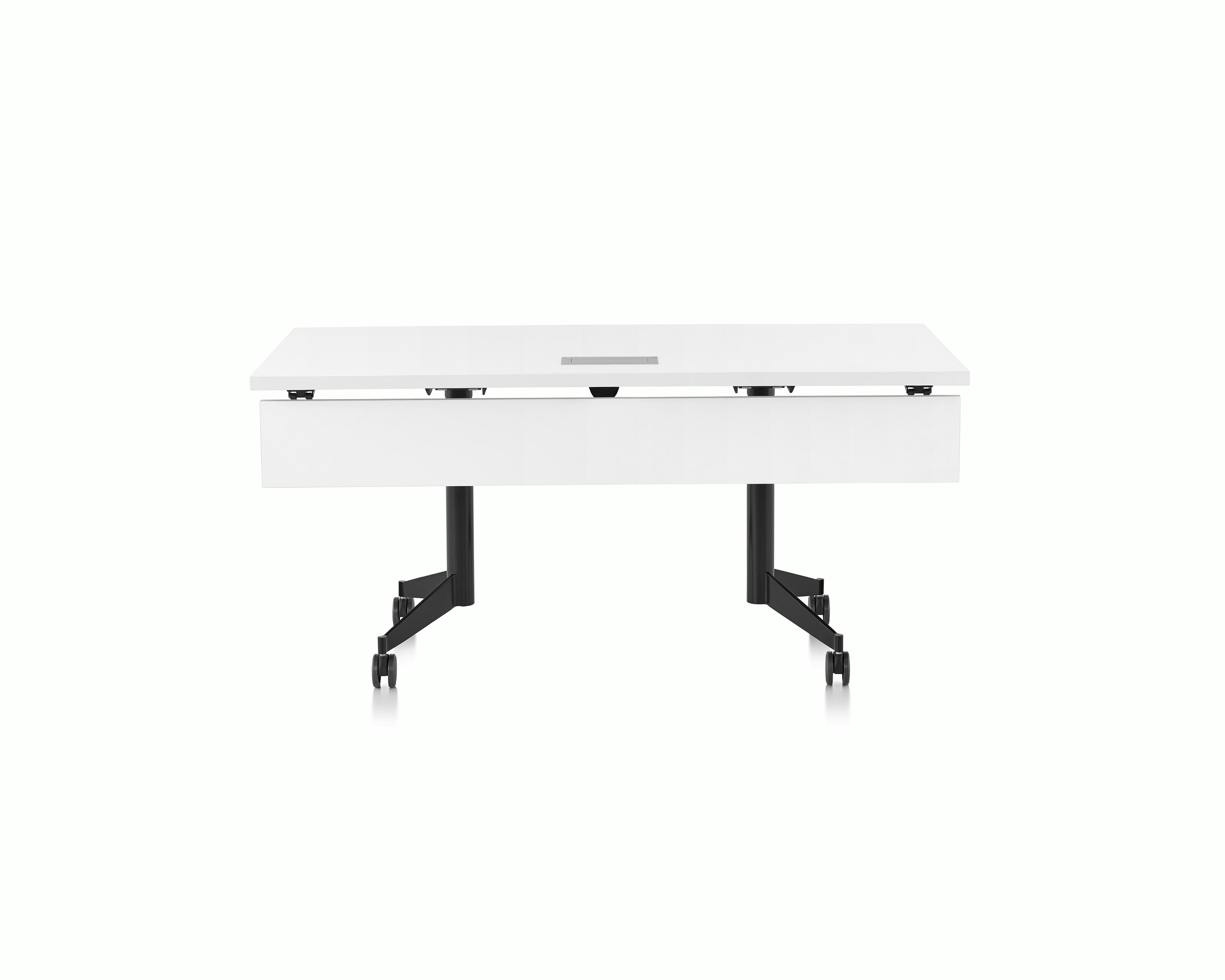 An MP Flex table in studio white laminate viewed from the front.