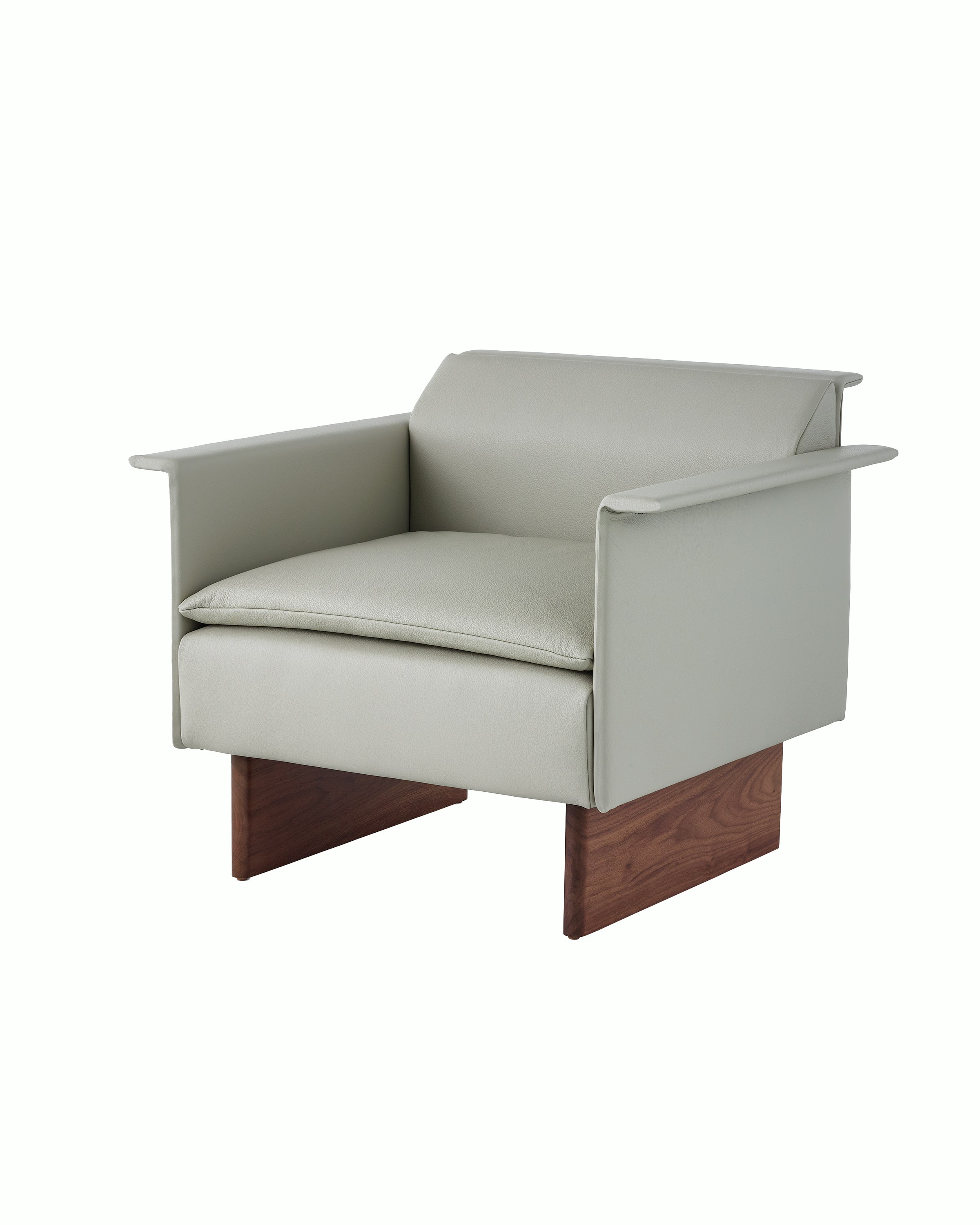 Mantle Club Chair with Wood Base in Bristol Leather Ash Grey, viewed at an angle.