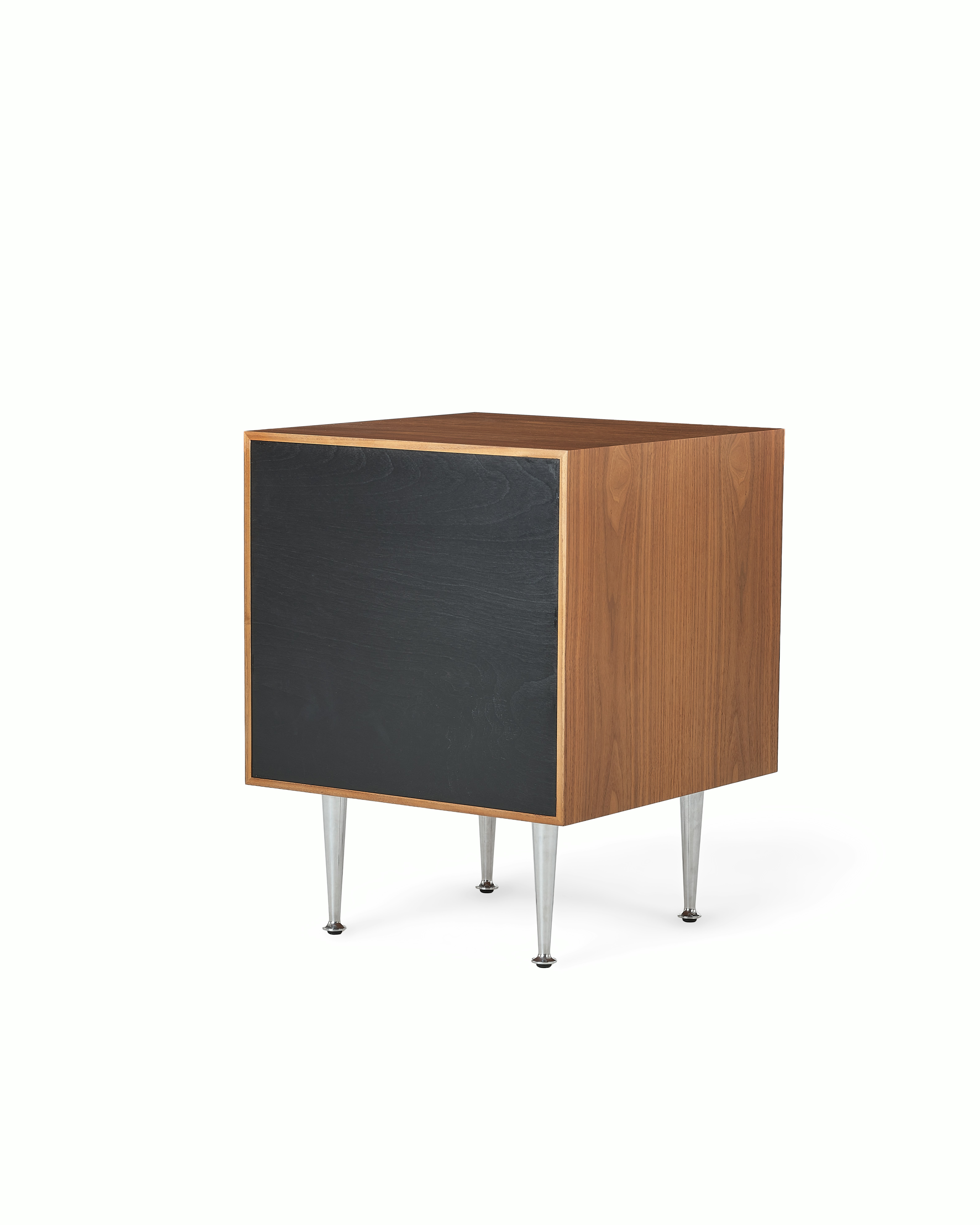 A Nelson Thin Edge Bedside Table in brown white viewed from behind.