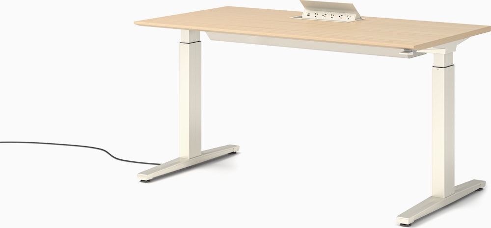 Renew S2S Embedded Power Desk - Standard,  29 x 58,  Veneer White Ash,  White / White,  Integrated Cord Management,  Hidden Power,  Standard,  T Leg