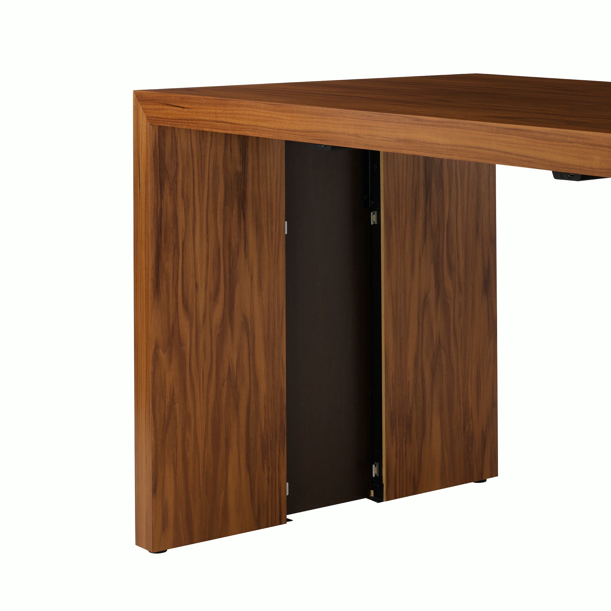 JD Waterfall Table in Walnut bar height, side detail view showing power storage option.