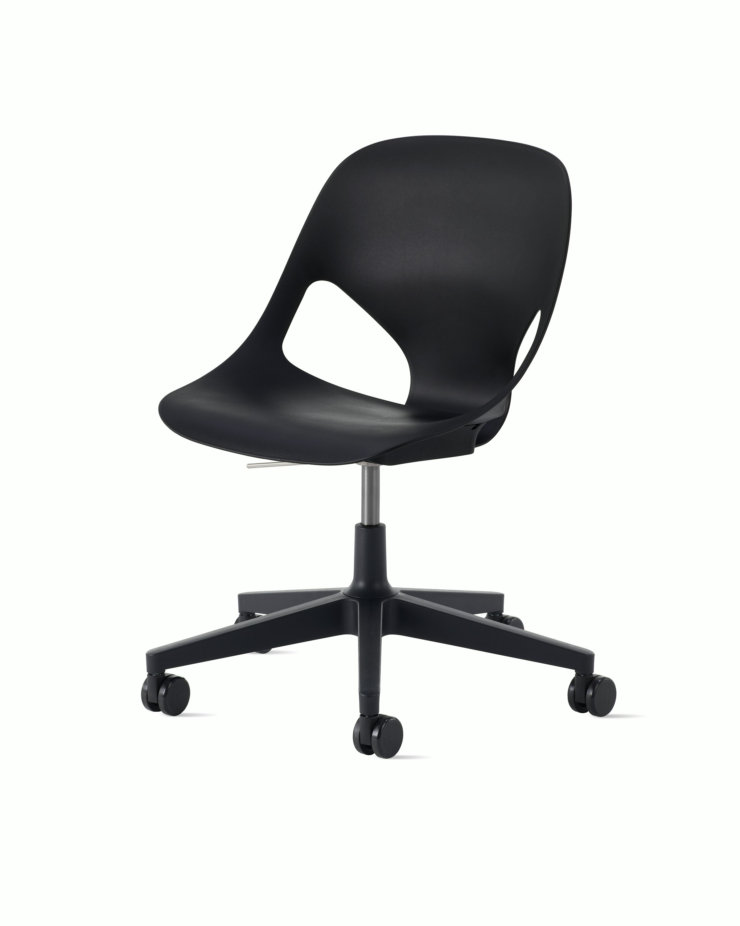 Front angle view of a black armless Zeph chair.