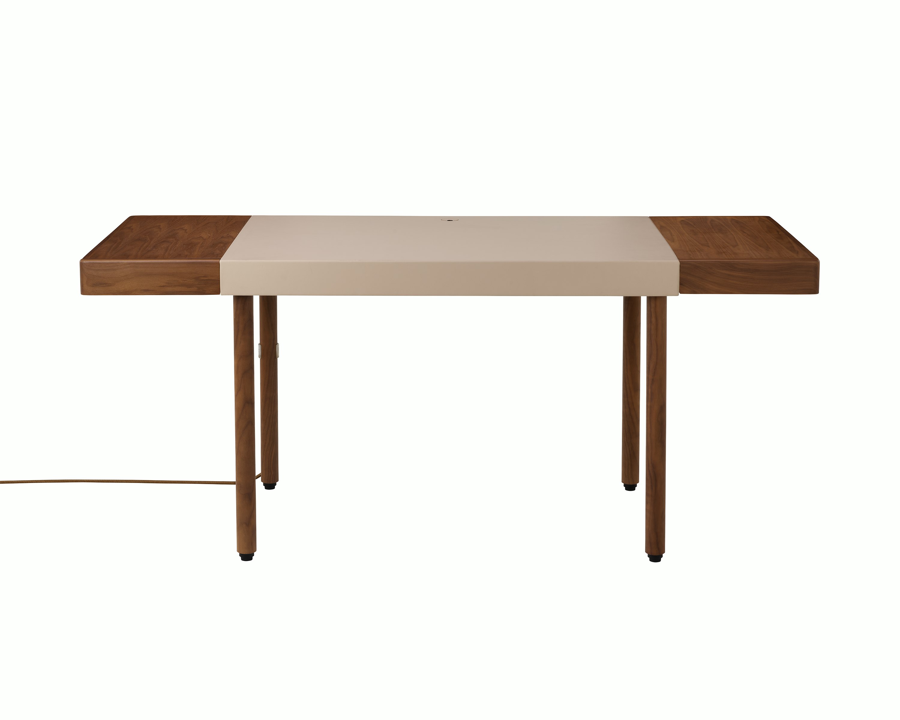 New Canaan Leatherwrap SIt-to-Stand Desk in Walnut and Champagne Leather, two drawers with cord, front view.
