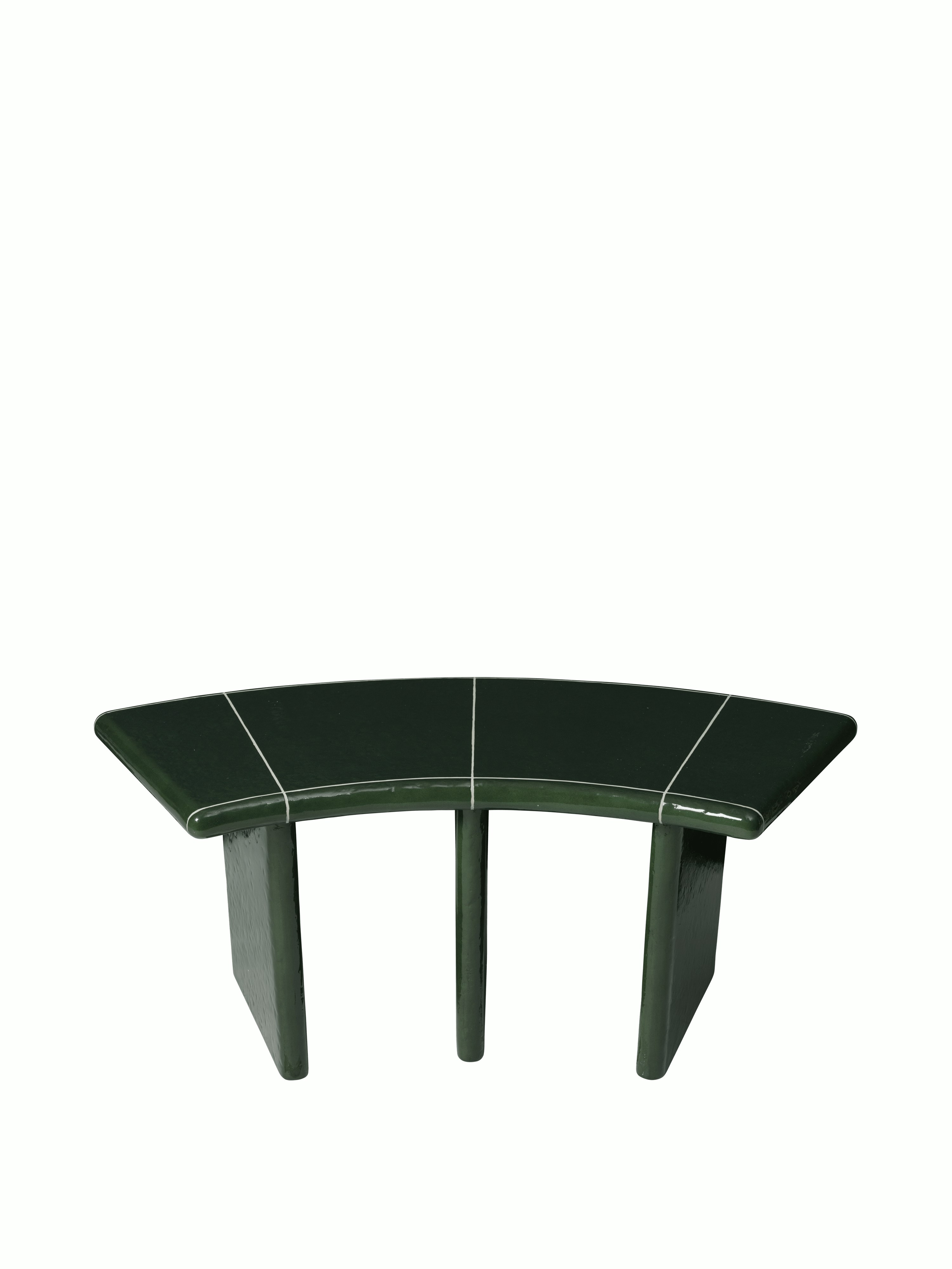 A Deya Dining Bench in Dark Green viewed from the front