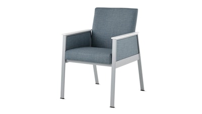 A front three-quarter view of a grey-blue Easton Side Chair by Herman Miller.
