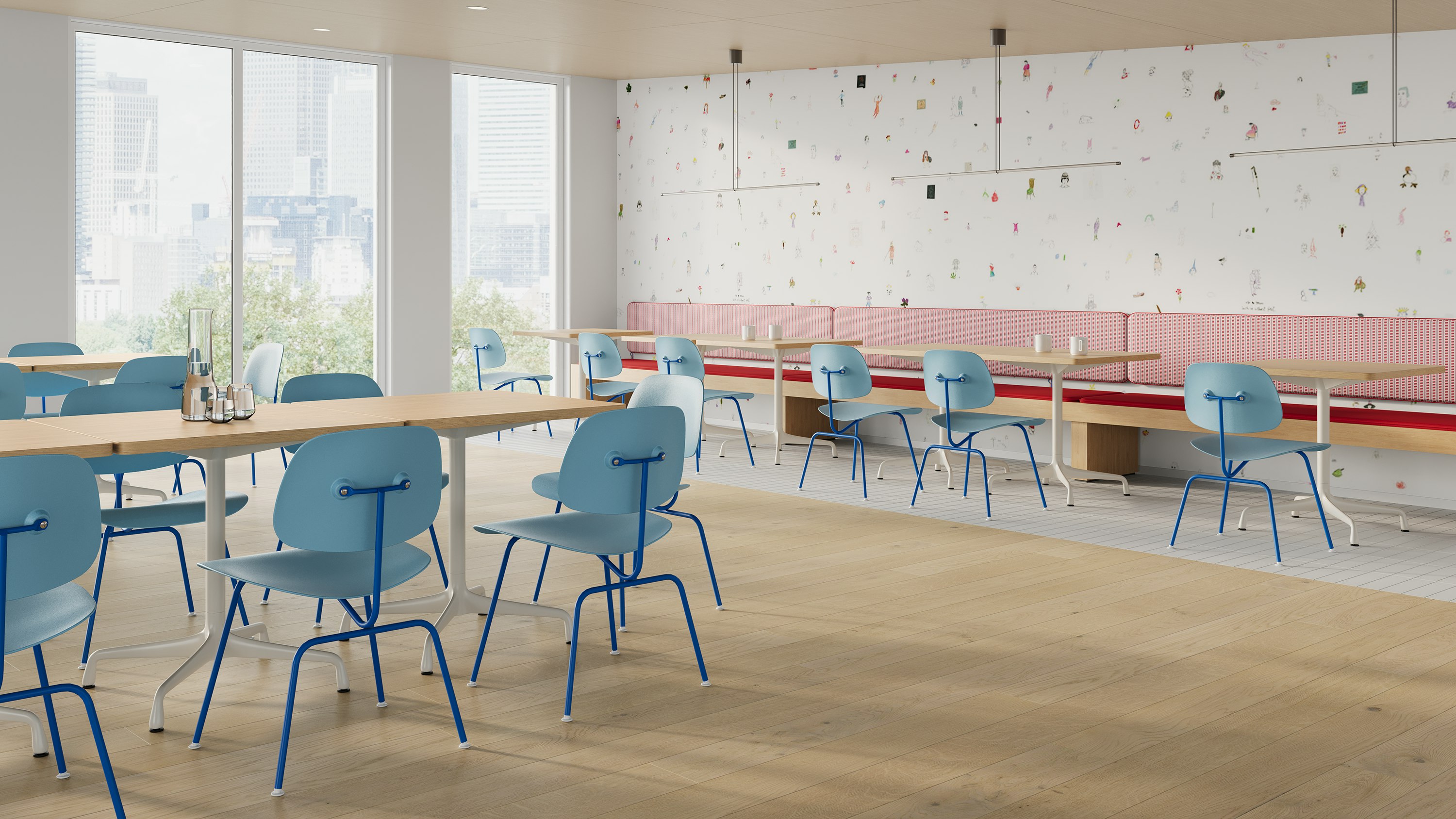 A cafeteria with Eames EC-127 in blue and Eames Tables with ash