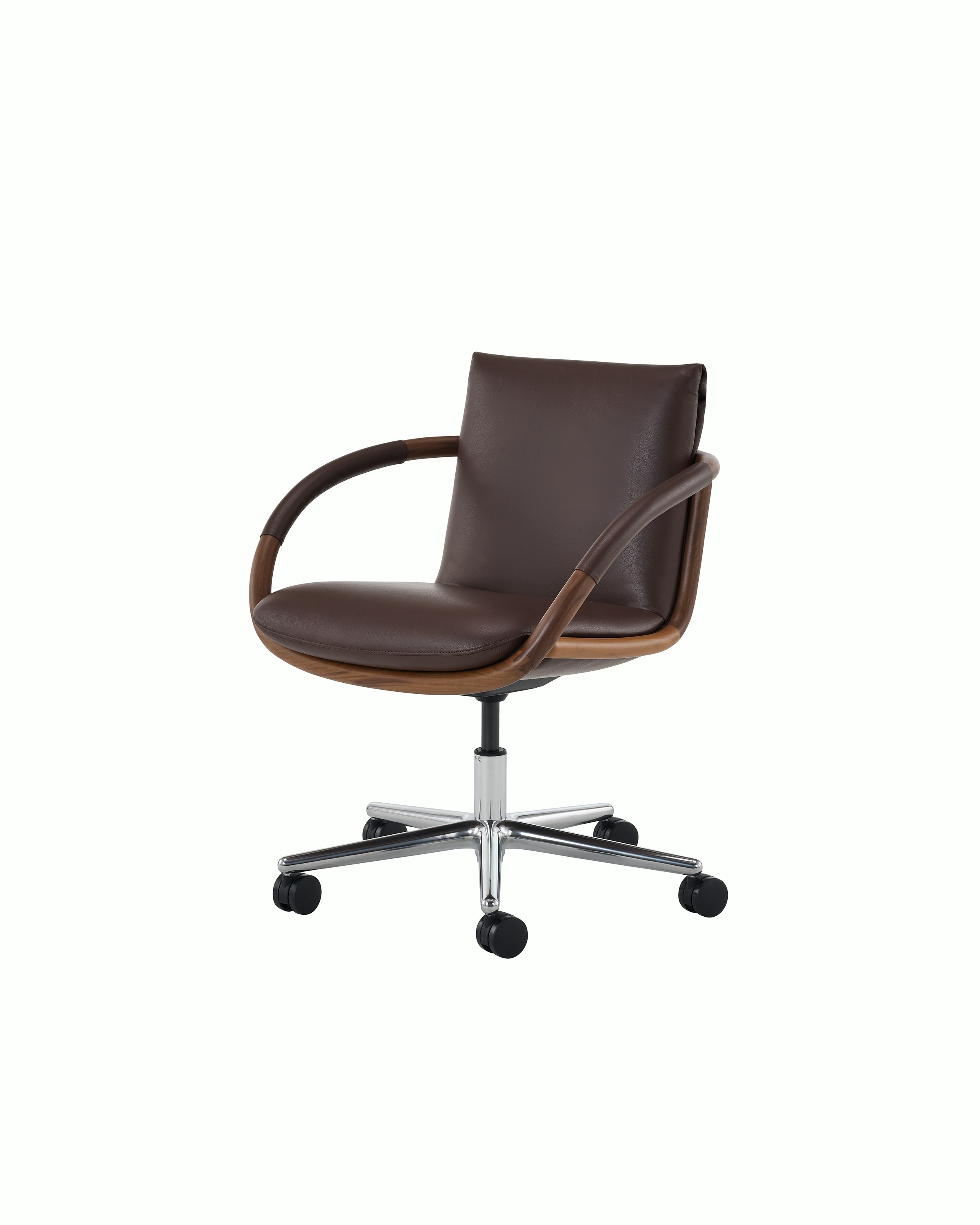 Full Loop Office Chair in Maharam Leather with Arm Wrapped details and five star base on casters.