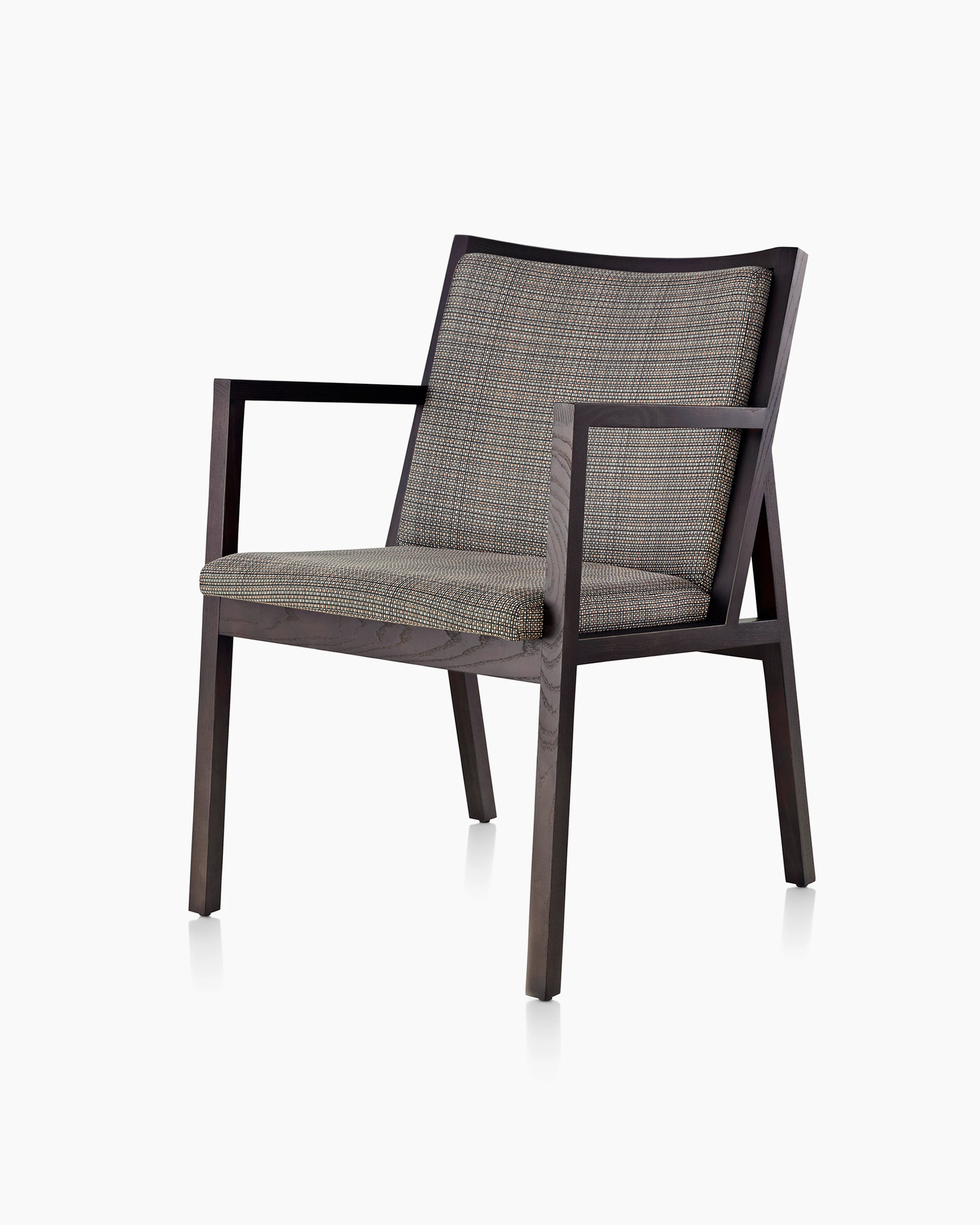 Angled view of an Ascribe side chair with gray Tattersall Reverse upholstery and a wood frame with a dark finish.