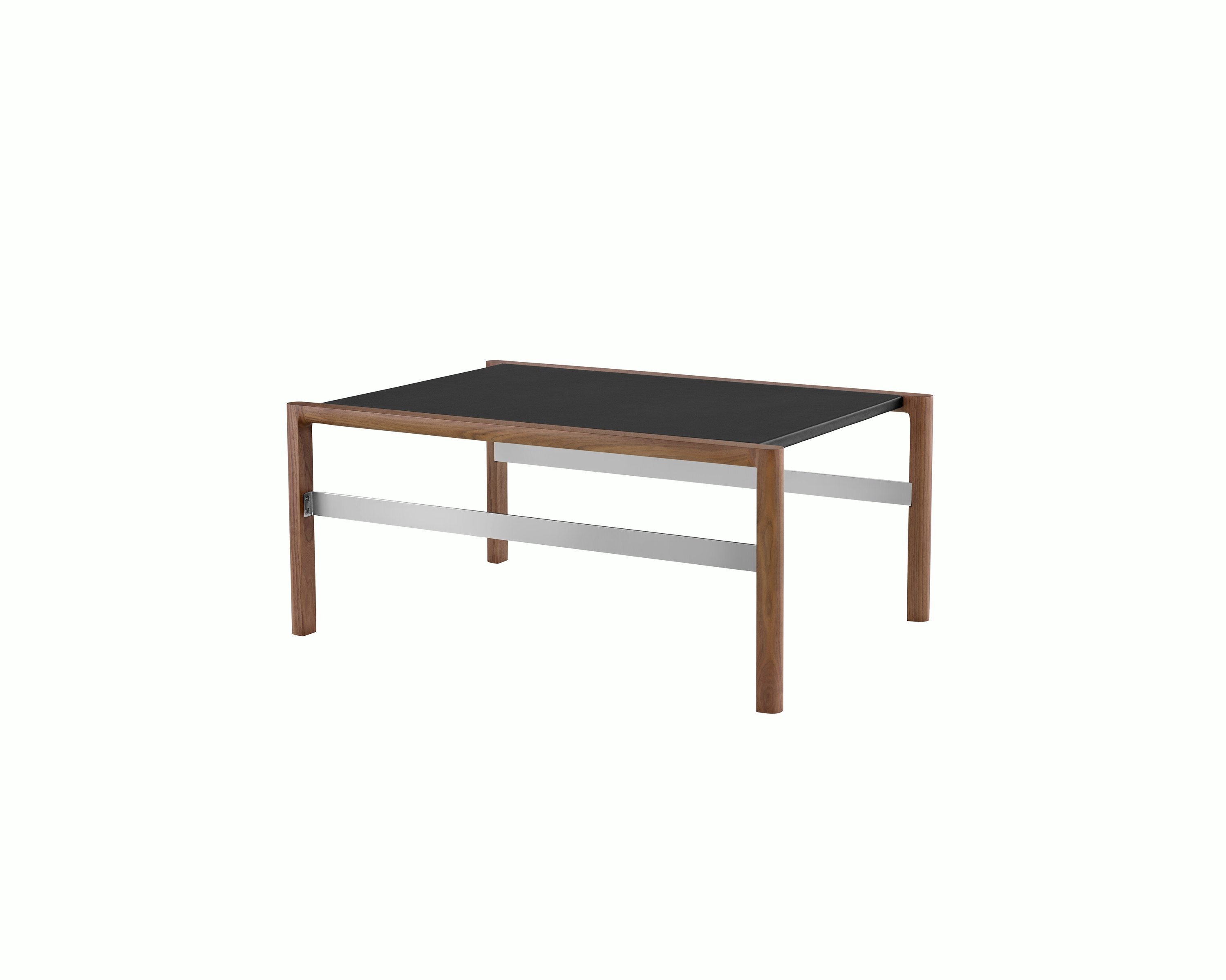 A rectangular Brabo Table with a leather-wrapped top and metal frame supports, viewed at an angle.