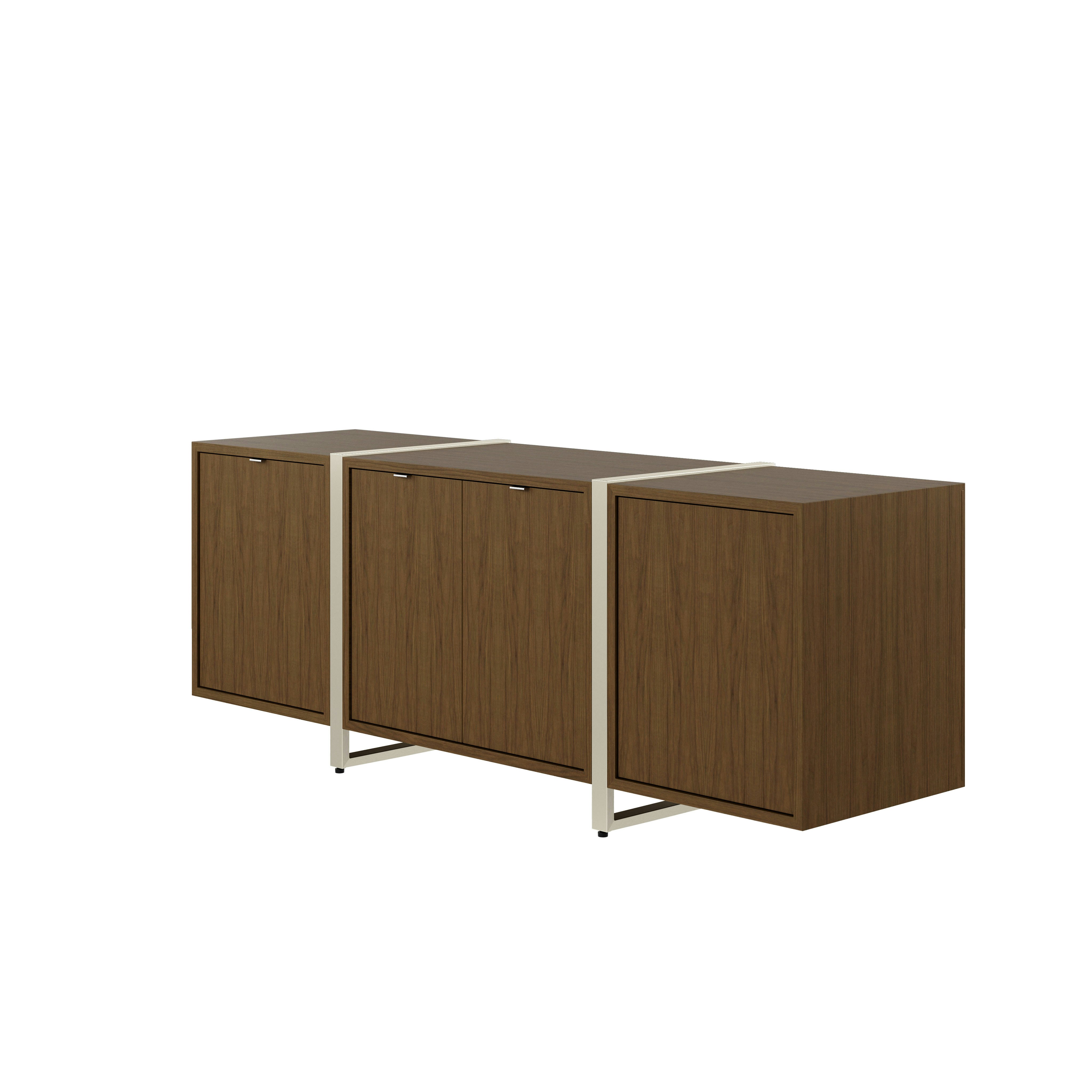 Highline Credenza in Natural Flat Cut Walnut with Satin Nickel Legs viewed from a 45 degree angle.