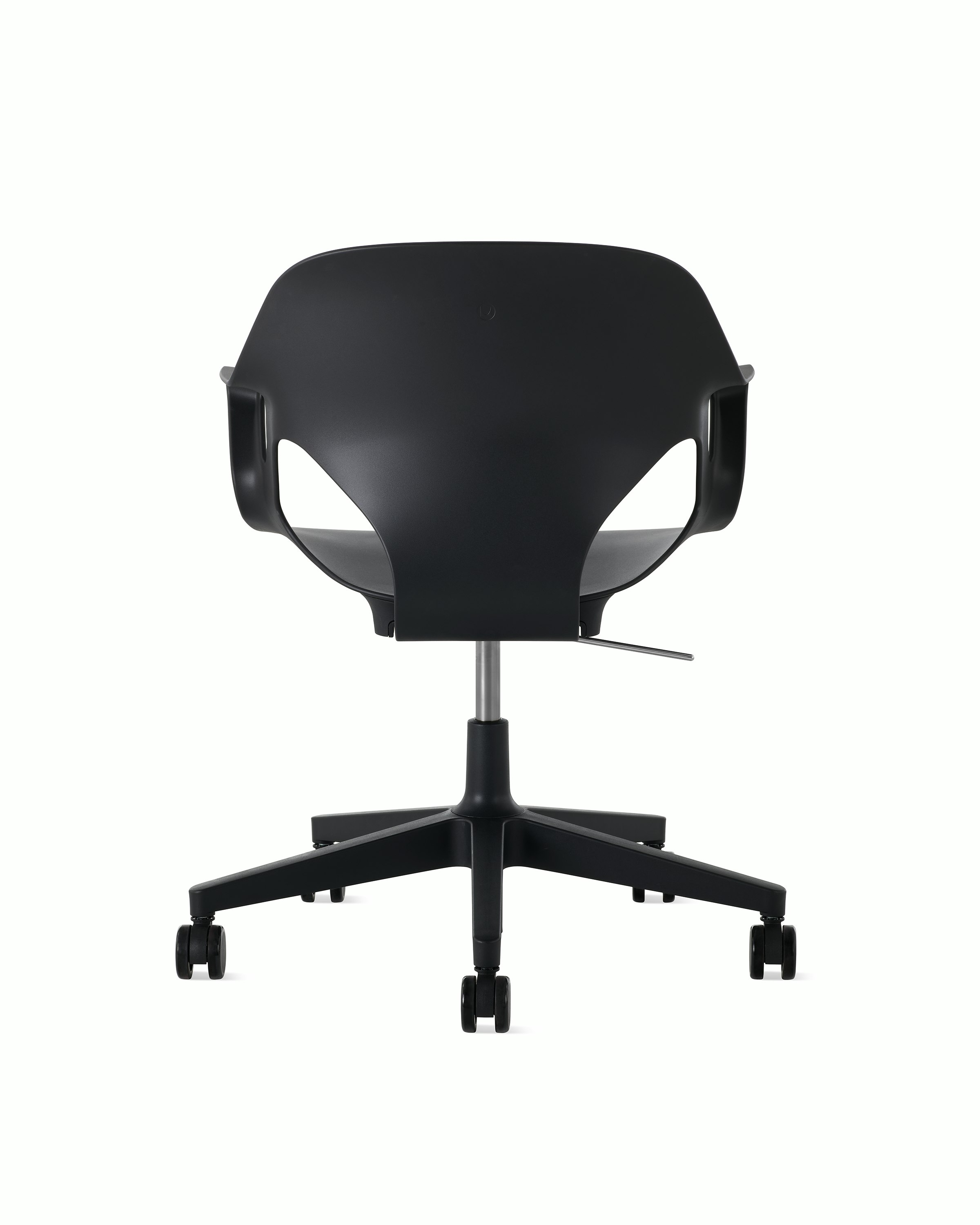 Rear view of a Zeph chair with fixed arms in black.