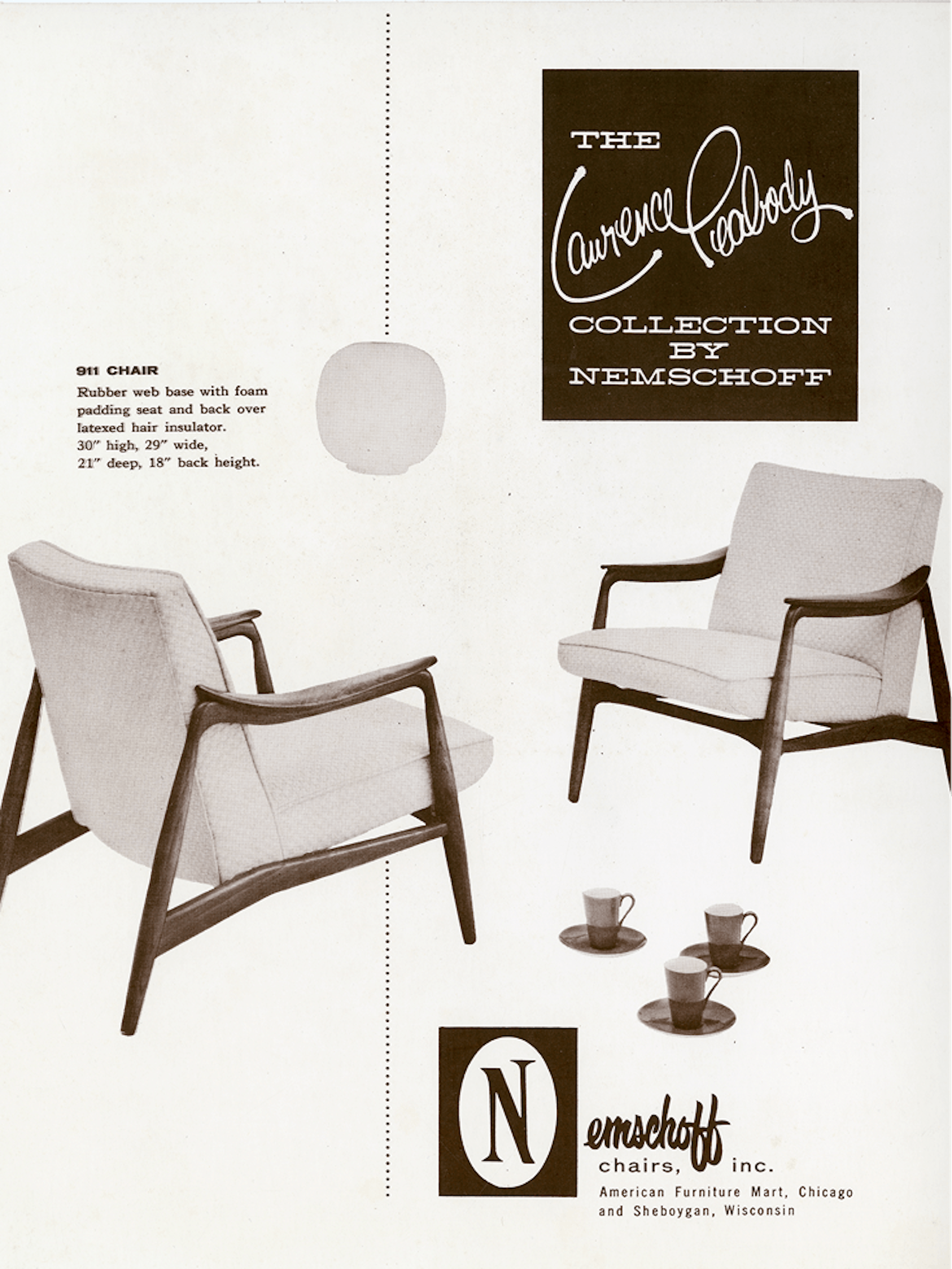 Pages from the 1950s Nemschoff catalog featuring the 911 Chair from the Lawrence Peabody collection by Nemschoff