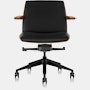 Front  view of a low-back Clamshell office chair with black leather upholstery, a walnut shell, with arms.