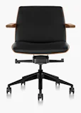 Front view of a low-back Clamshell office chair with black leather upholstery, a walnut shell, with arms. Front view of a low-back Clamshell office chair with black leather upholstery, a walnut shell, with arms.