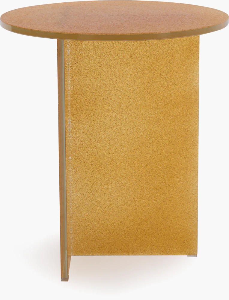 Minimalist golden-brown round side table with a vertical rectangular base and a round top.