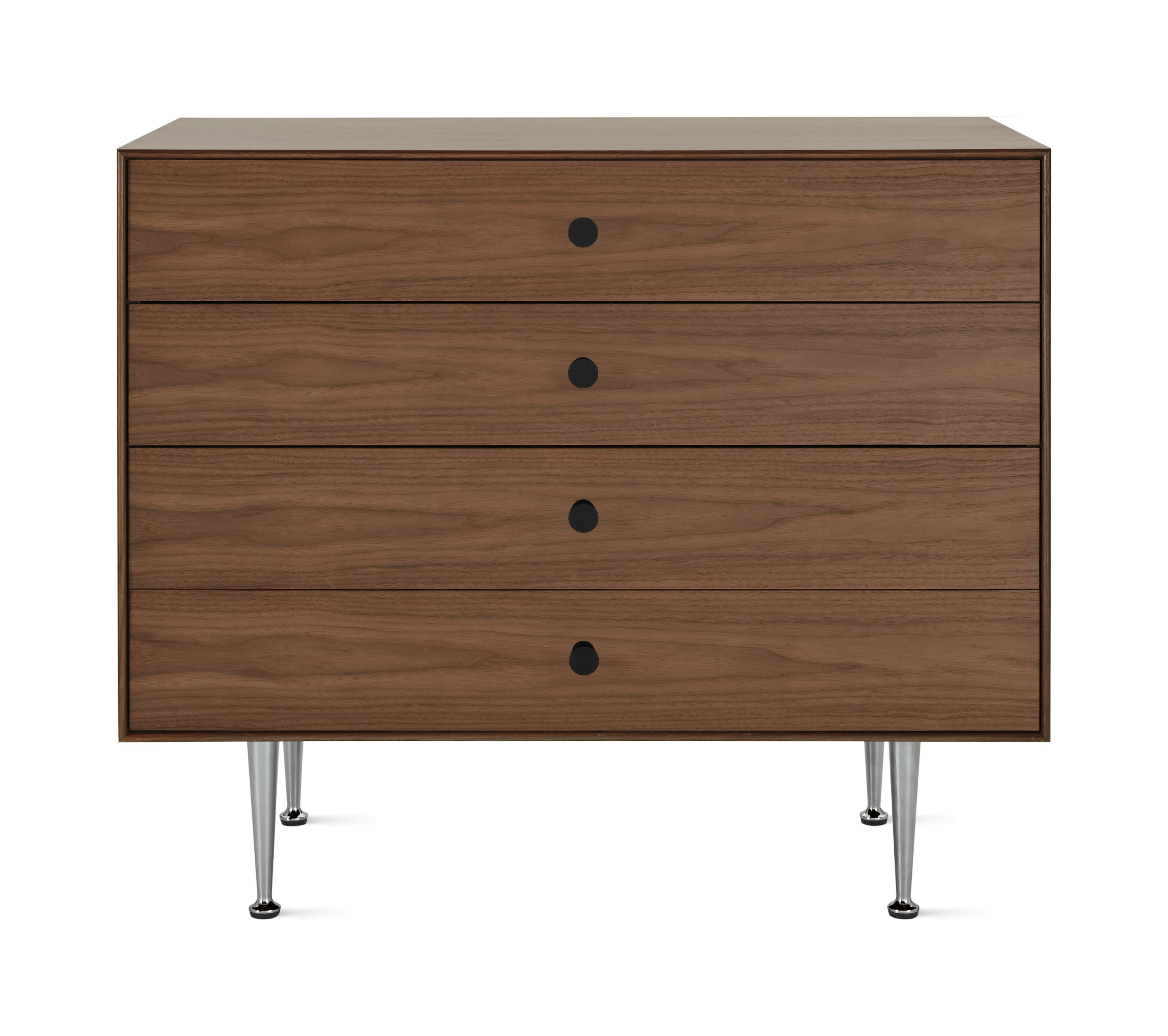 A Nelson Thin Edge 4-Drawer Chest in Walnut and Black viewed from the front.