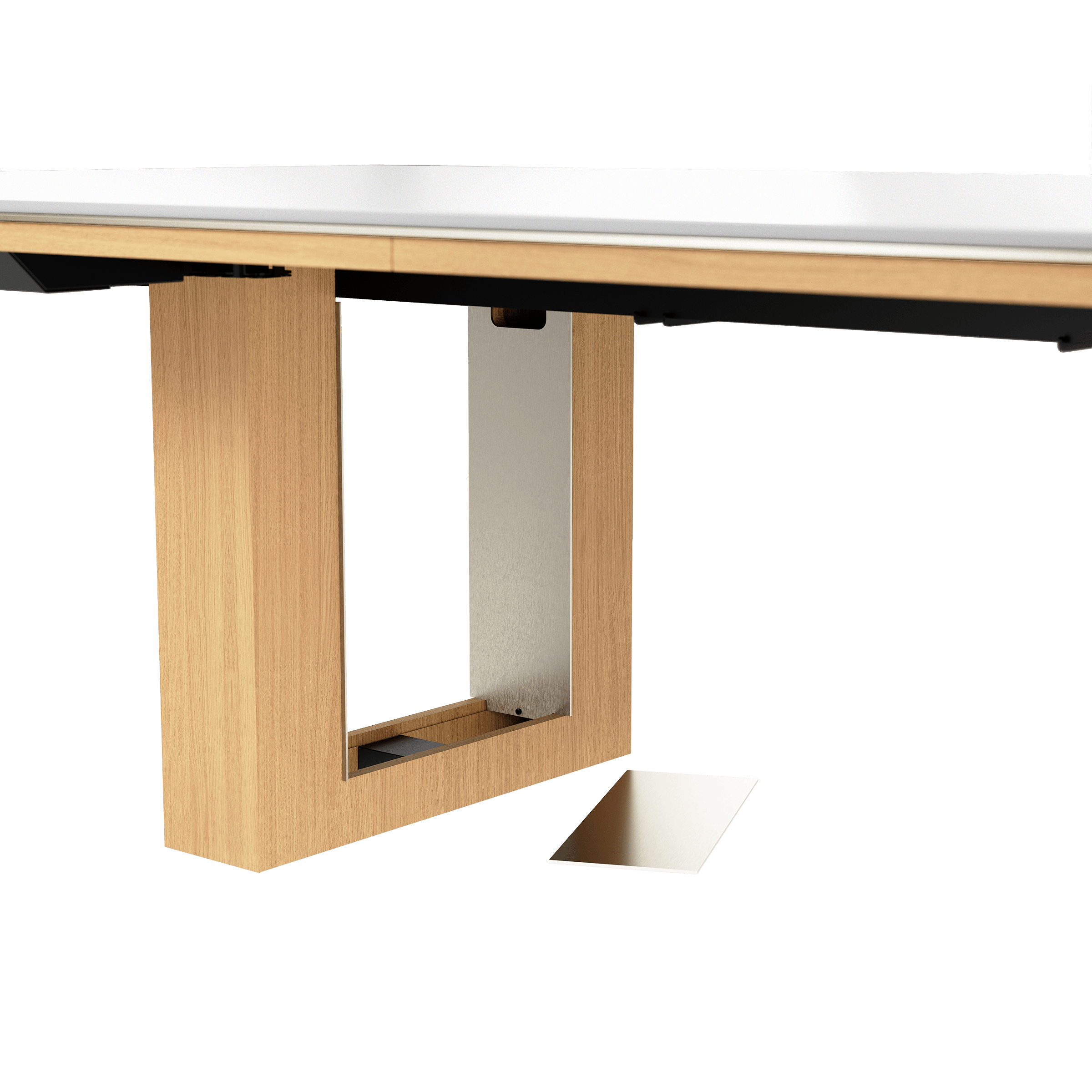 Detail shot of open wire management leg on Highline Fifty Conference Table in Glacier White Corian and Natural Rift Cut Oak with Satin Nickel base trim.