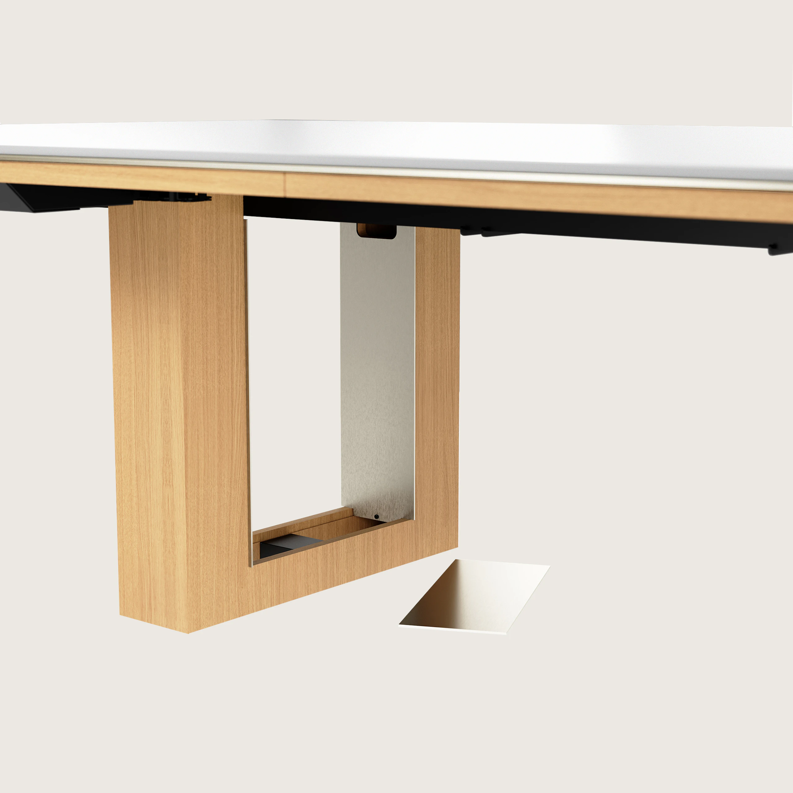Detail shot of open wire management leg on Highline Fifty Conference Table in Glacier White Corian and Natural Rift Cut Oak with Satin Nickel base trim.