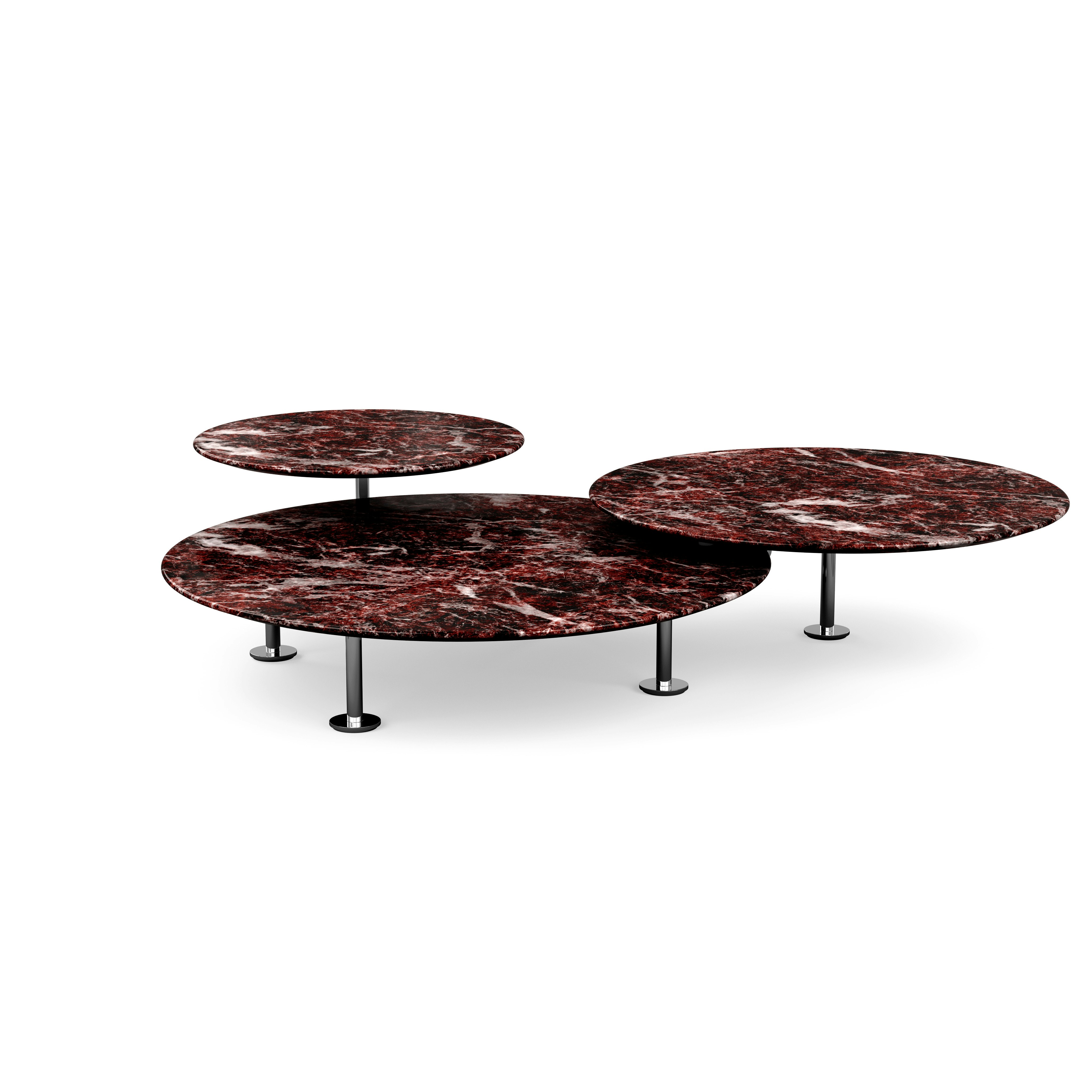 Grasshopper Triple-Top Coffee Table - Marble, Polished Rosso Rubino, Polished Chrome