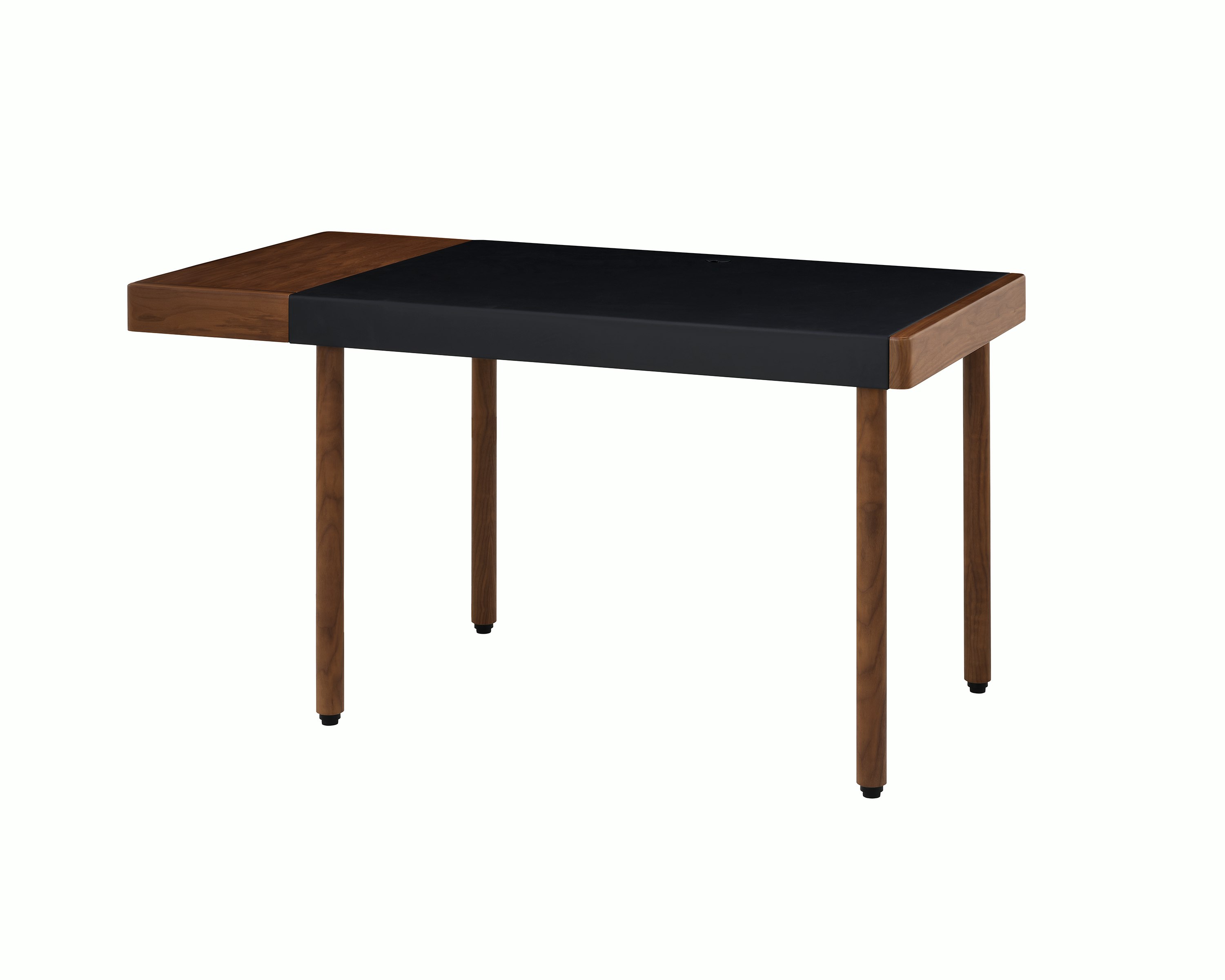 New Canaan Leatherwrap Sit-to-Stand Desk in Walnut and Black Leather, one drawer, angled view.