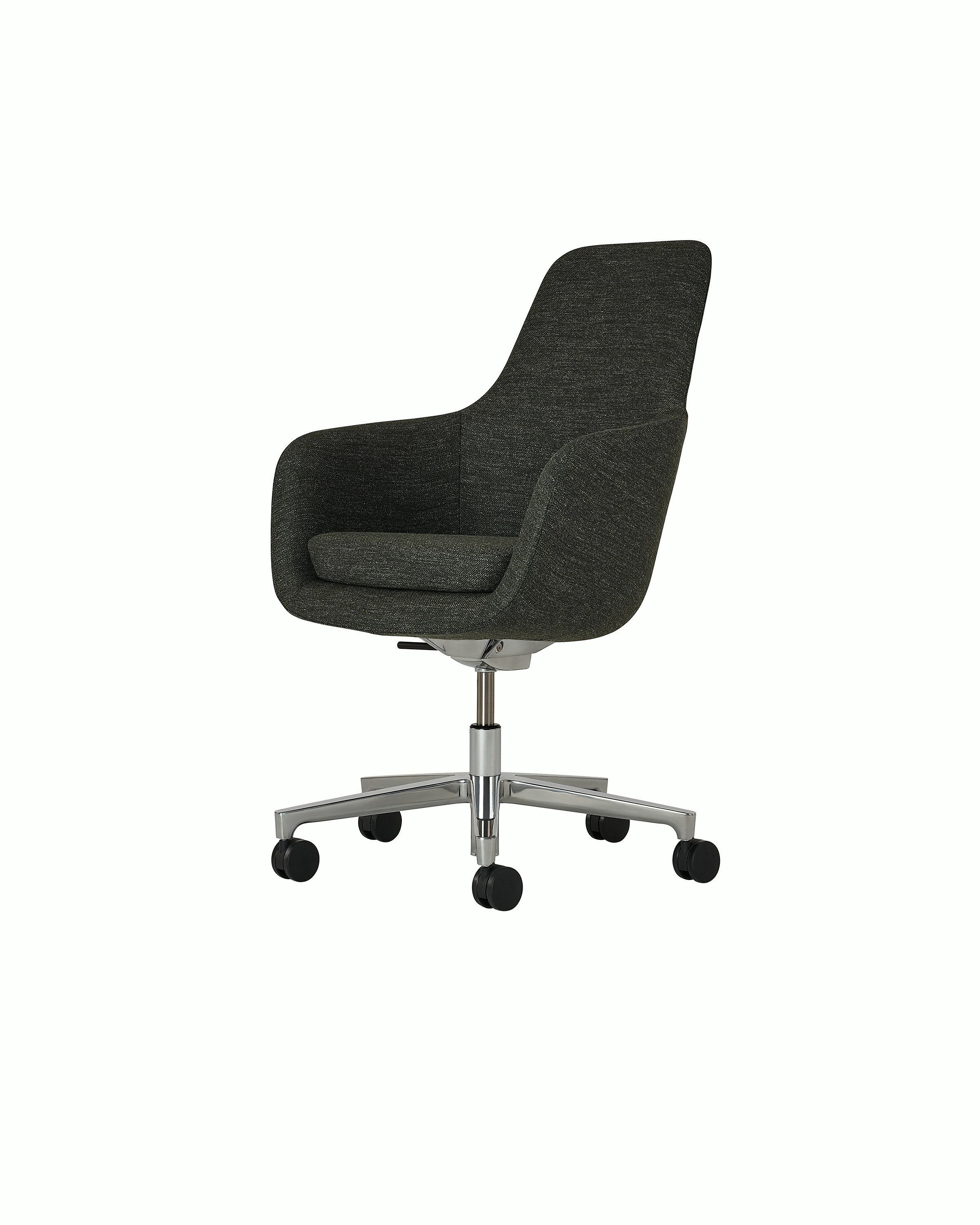 Saiba High Back Conference Chair designed by Naoto Fukasawa upholstered in Bellano in Black Green with a polished aluminum base, shown at a front angle on a white sweep.