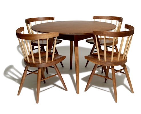 Jens Risom round table and wood Nakashima straight chairs