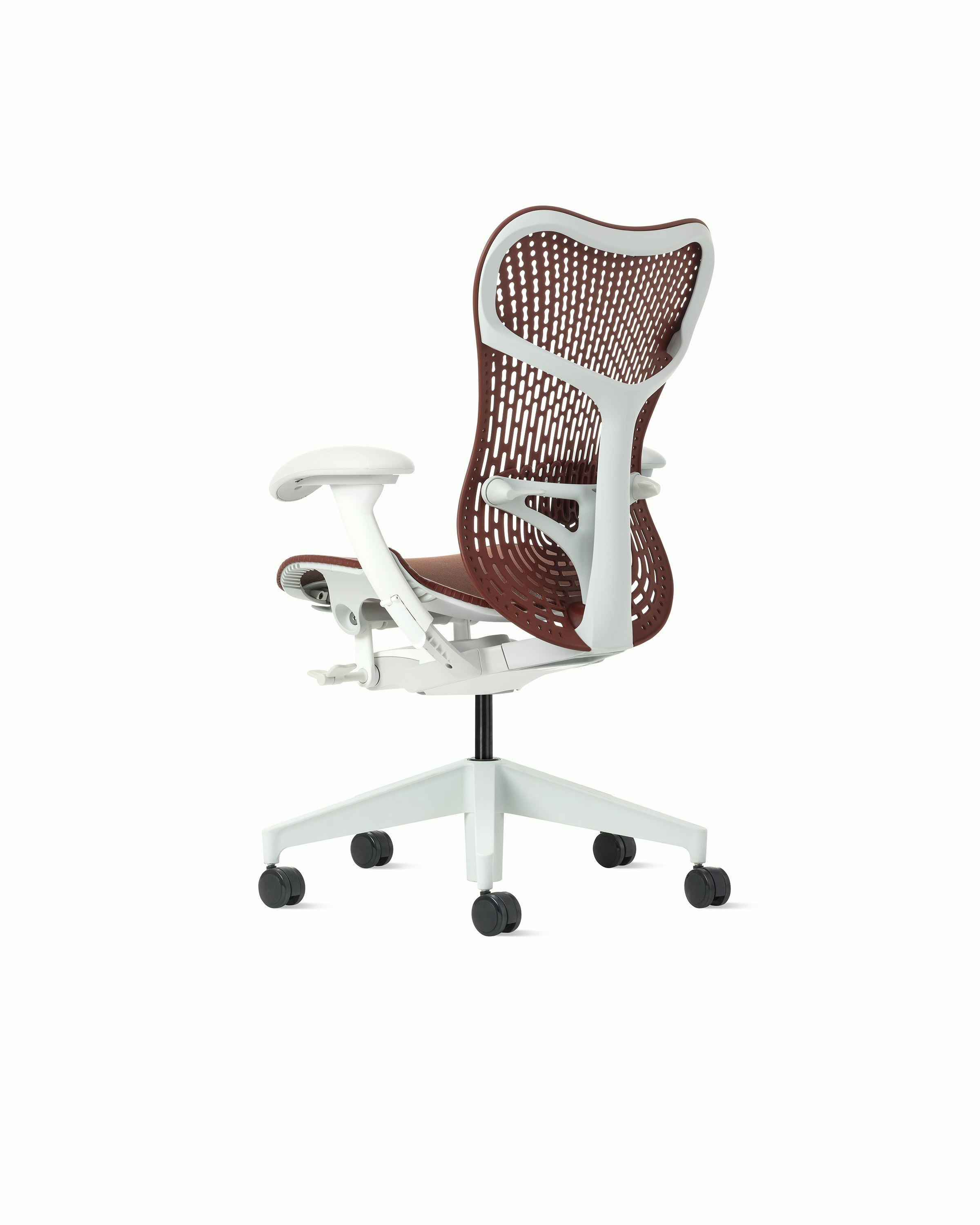 Rear angle view of a Mirra 2 chair with Trflex back in cordovan and an alpine frame