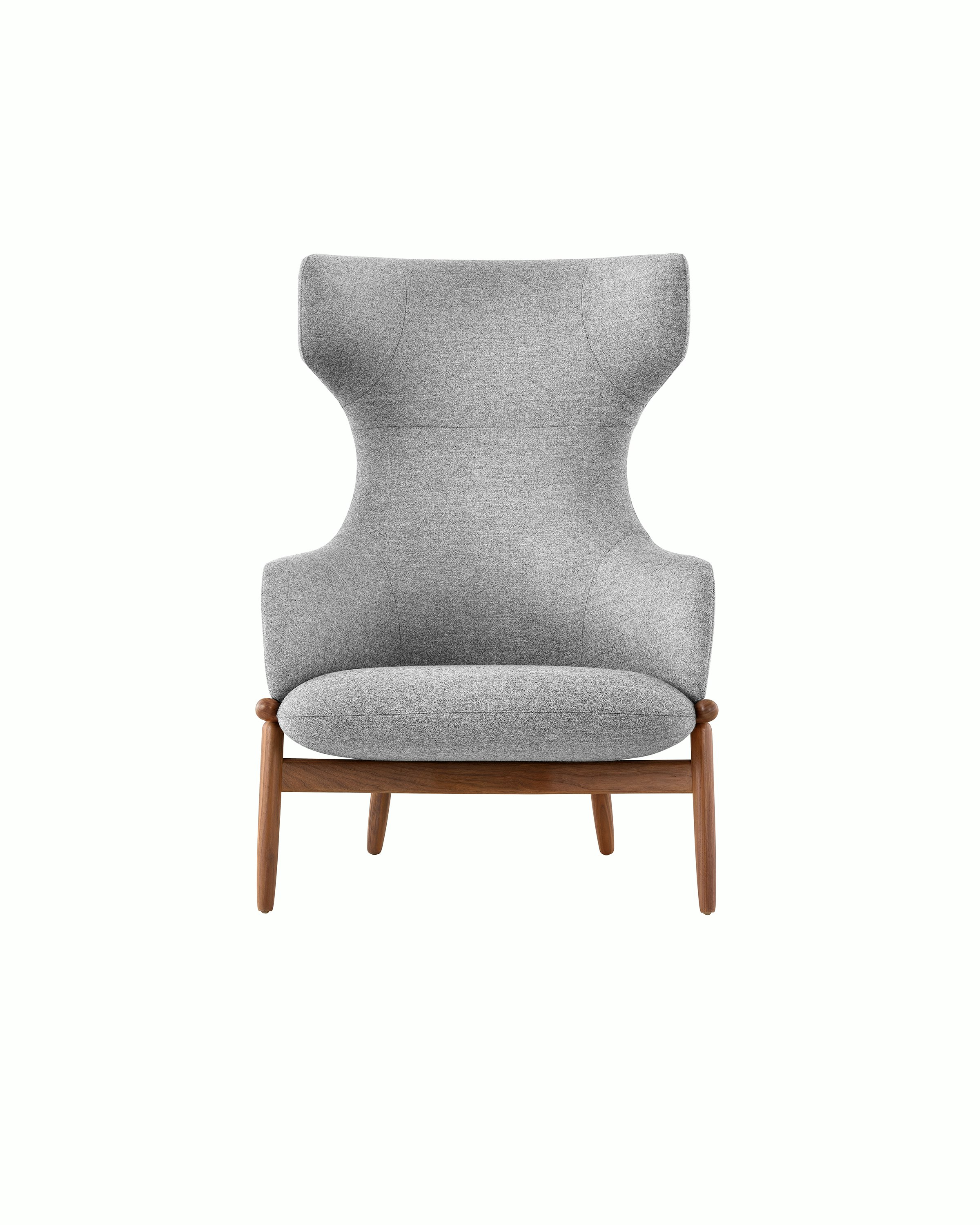 A wing-back Reframe Lounge Chair in Panno Di Dolce Flannel, viewed from the front.