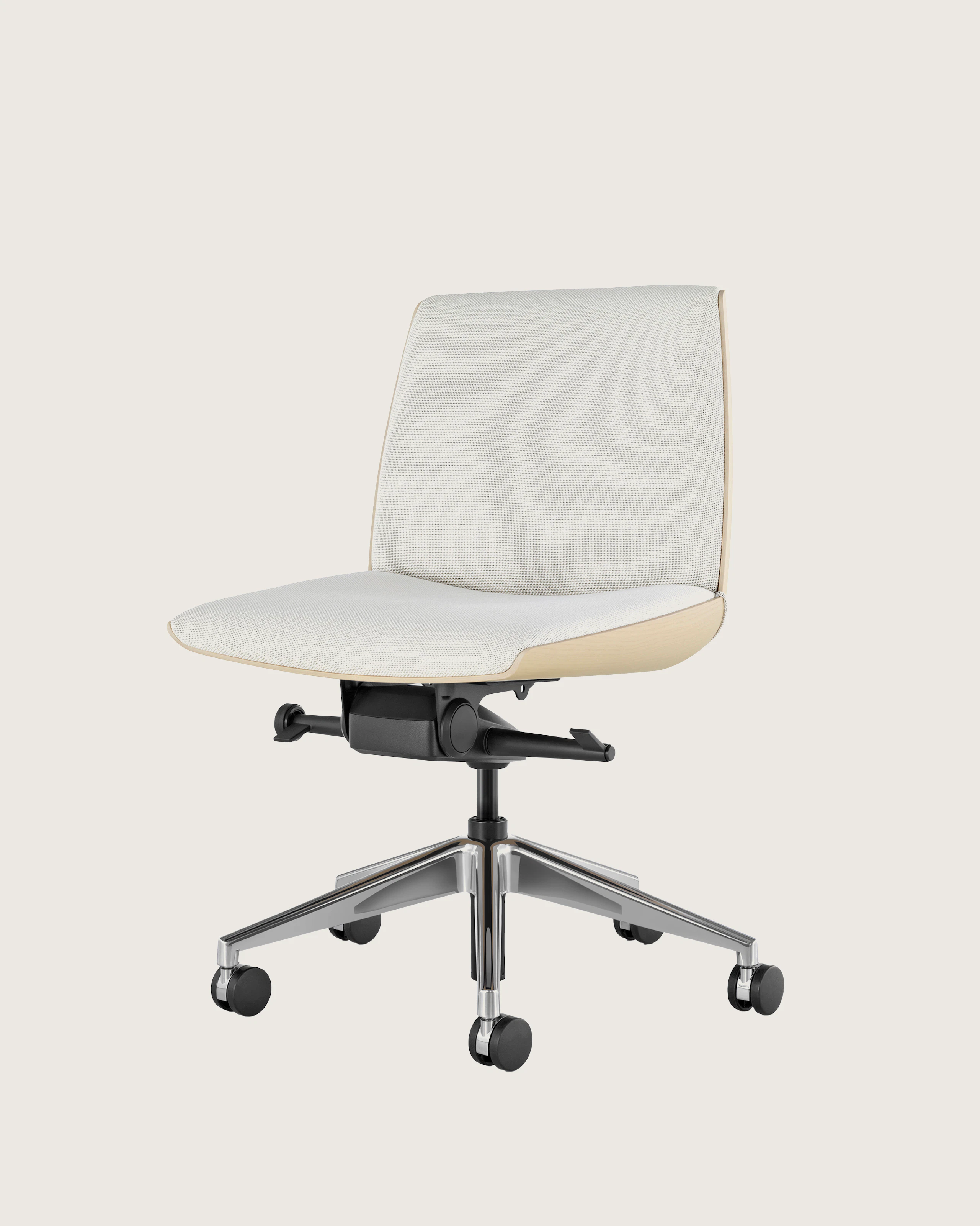 Angle view of a low-back Clamshell Conference chair with off-white upholstery, a light-ash shell, and no arms.