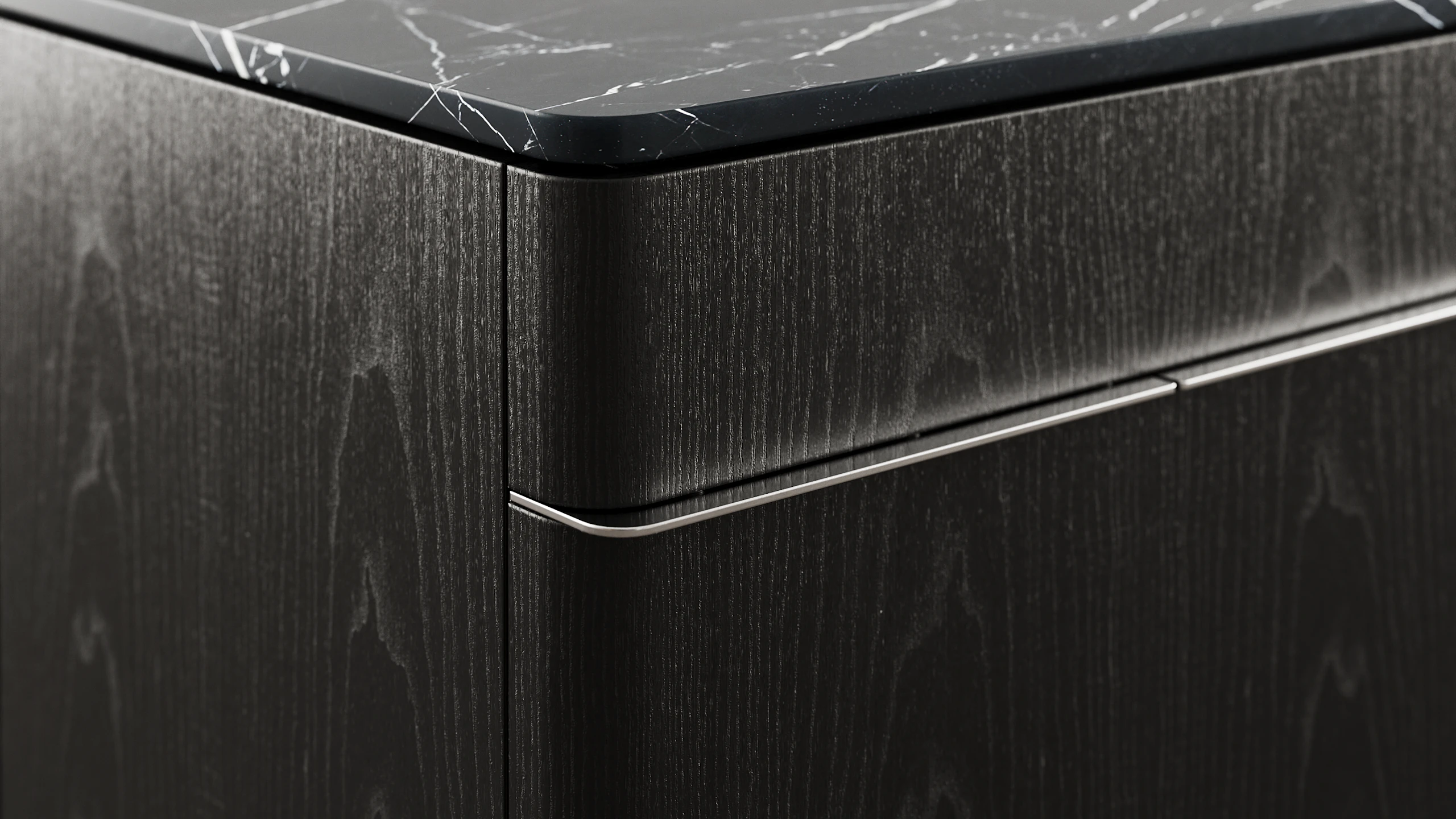 Detail shot of Ascent Credenza designed by EOOS in Ebonized Ash with a Nero Marquina marble top showing the credenza corner.