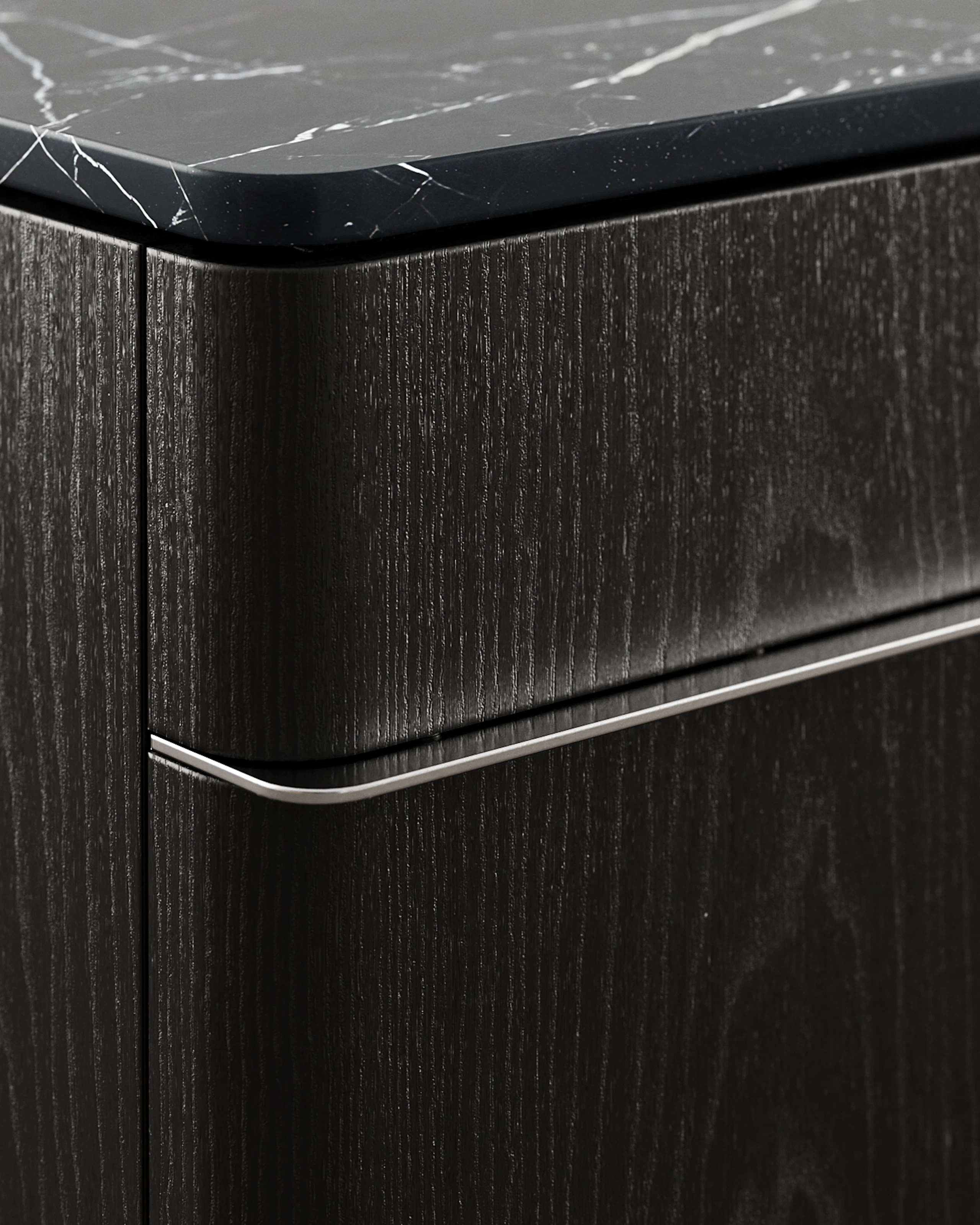 Detail shot of Ascent Credenza designed by EOOS in Ebonized Ash with a Nero Marquina marble top showing the credenza corner.