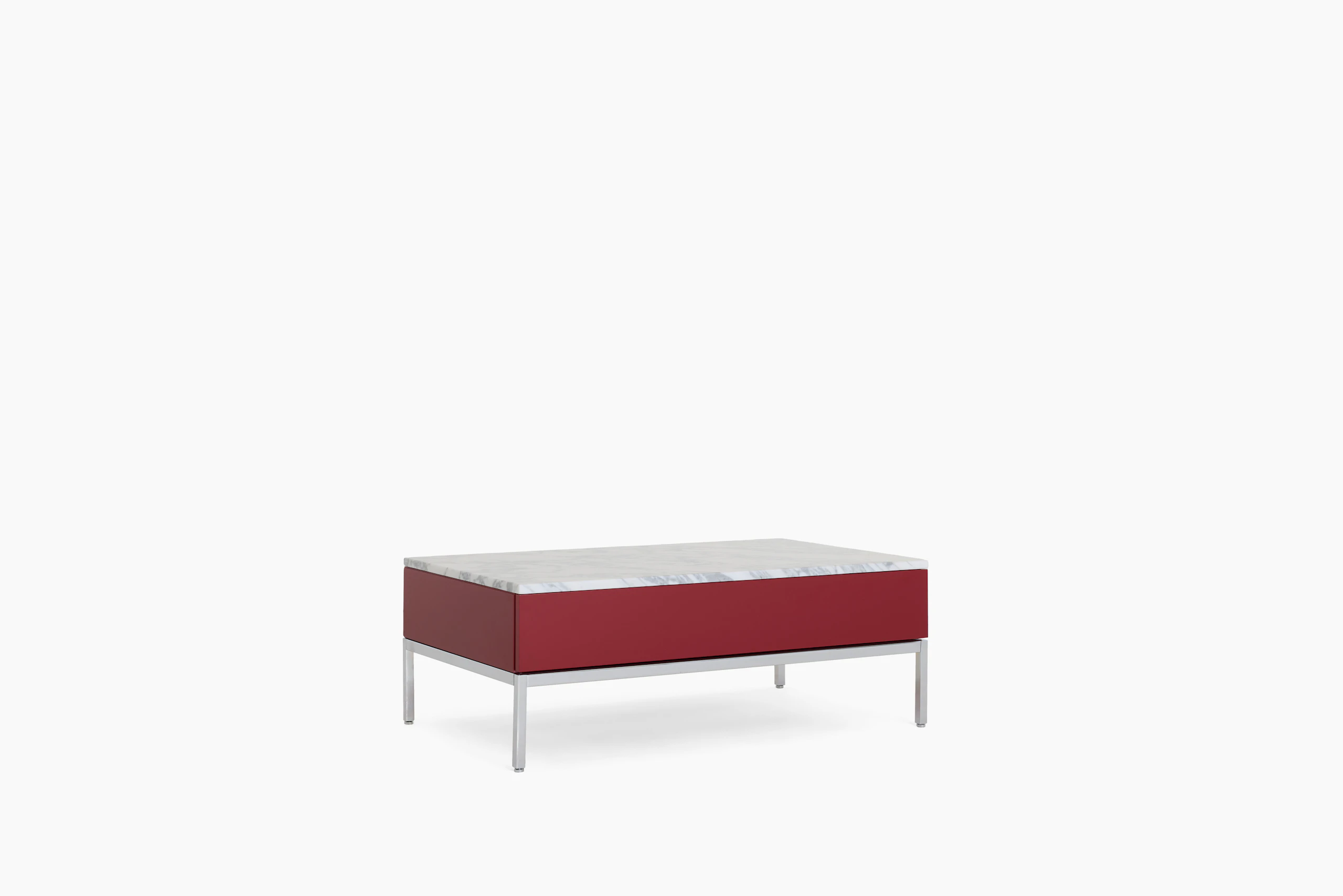A Knoll Chermayeff Coffee Table in Dark Red Lacquer, Carrara Satin Coated Marble viewed from an angle.