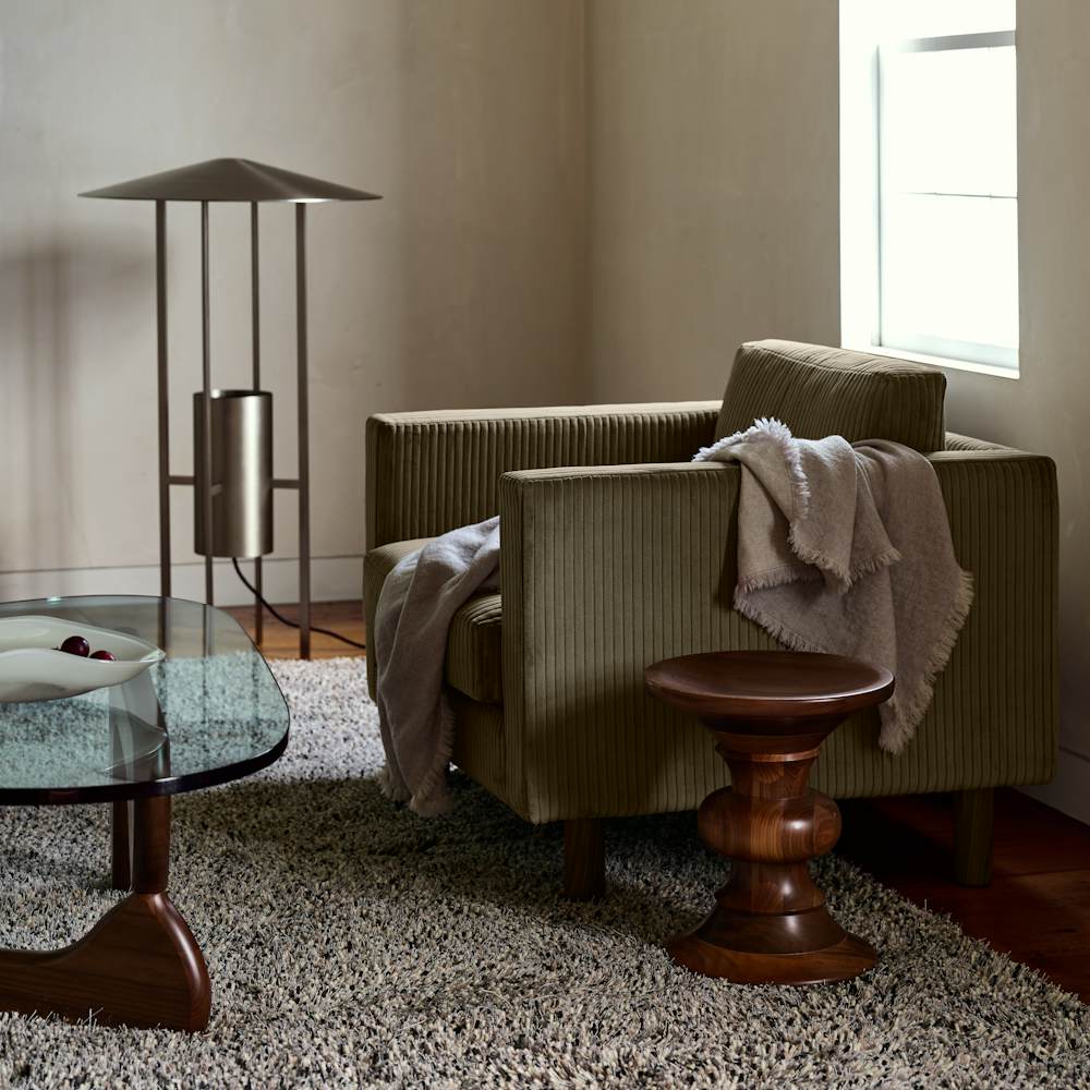 Lispenard Armchair in Passage Echo and Johnson Kelly Floor Lamp
