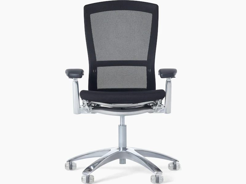 Front view of a Life chair with black suspension and seat and polished base.
