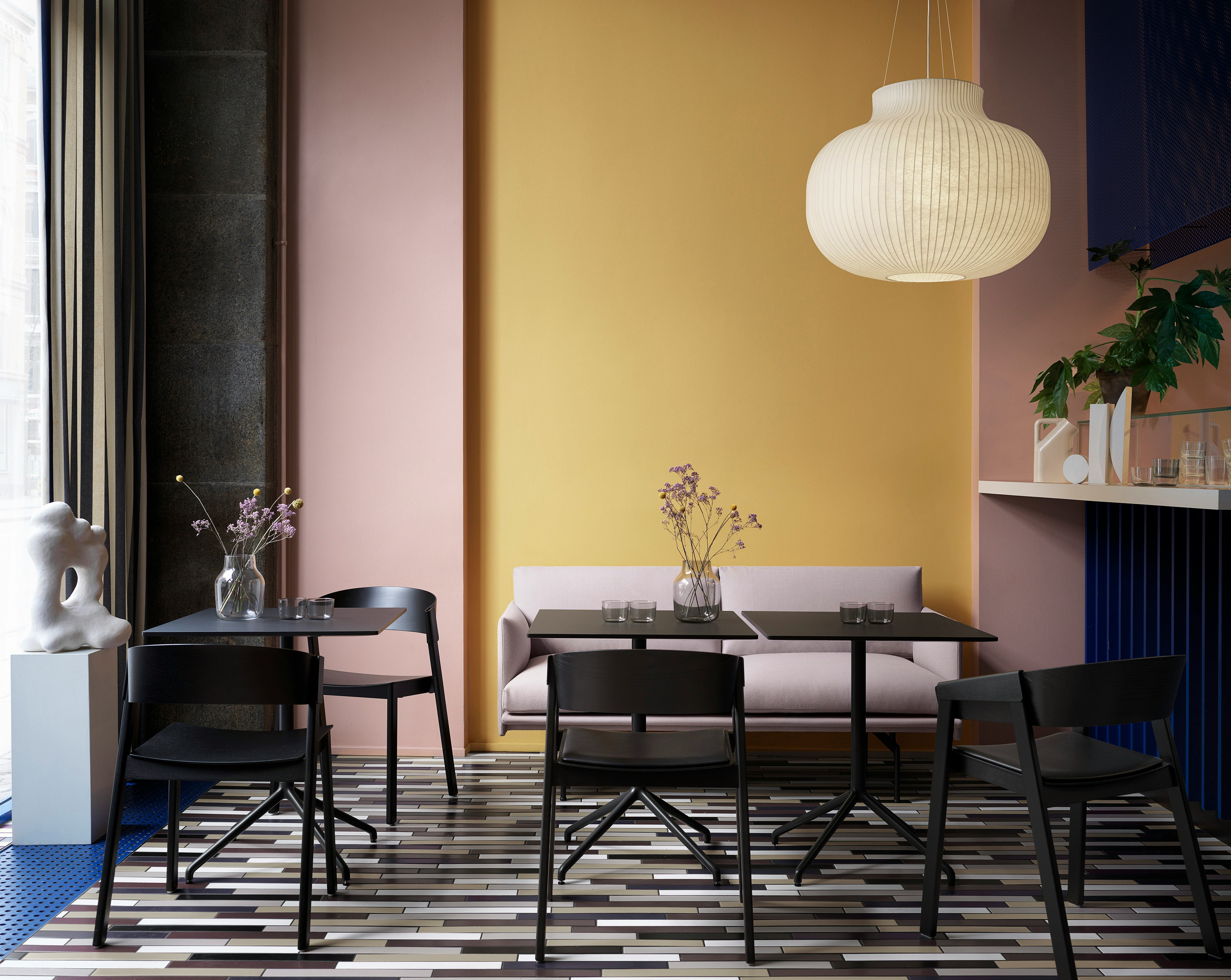 Still Café Table Black, Cover Side Chair & Armchair Refine leather/Black, Outline Studio Sofa Seat Heigh 45 Twill Weave 620, Strand Pendant Lamp. Corky Glasses, Silent Vase, Tub Jug Sand, Ply Rug Burnt Orange