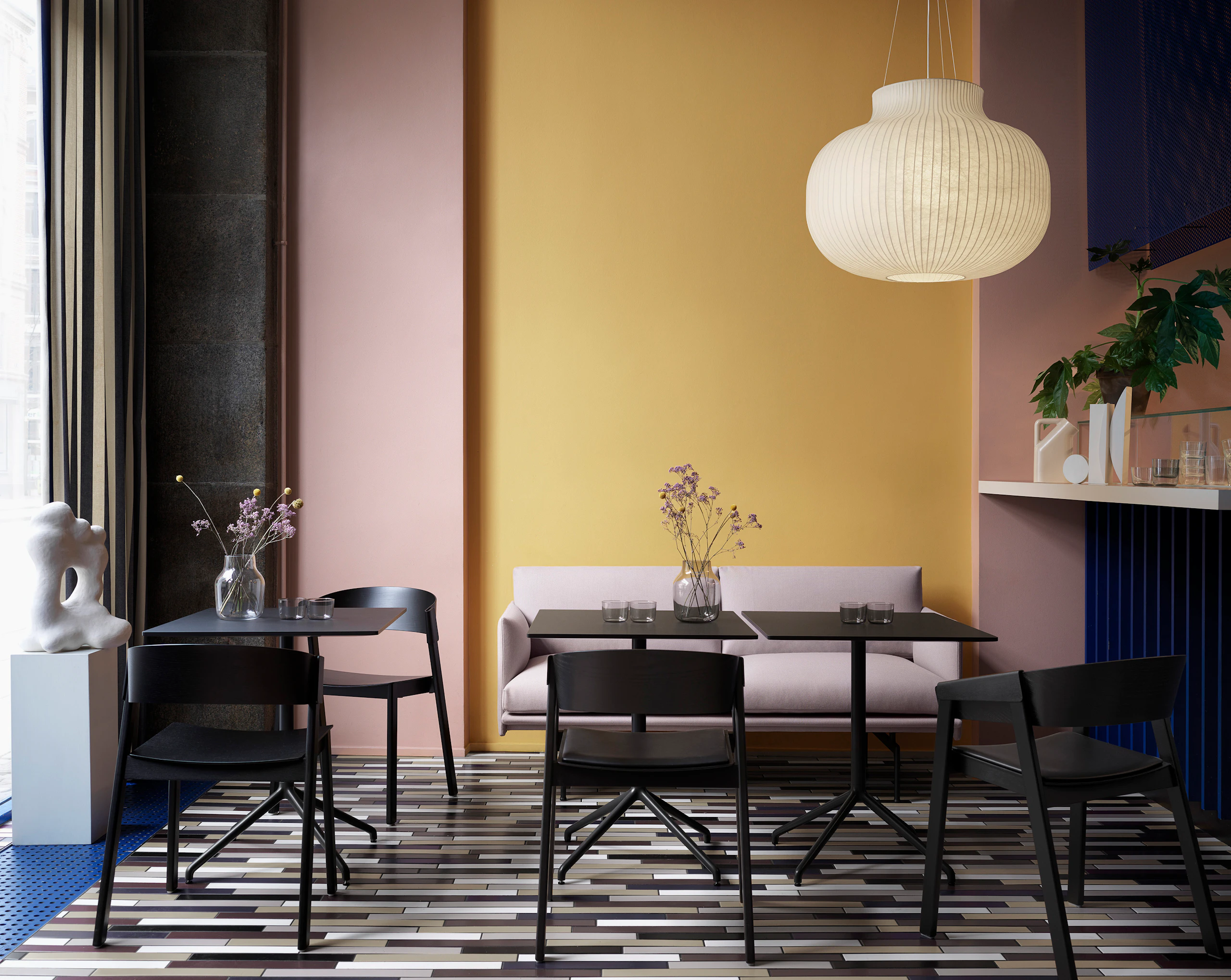 Still Café Table Black, Cover Side Chair & Armchair Refine leather/Black, Outline Studio Sofa Seat Heigh 45 Twill Weave 620, Strand Pendant Lamp. Corky Glasses, Silent Vase, Tub Jug Sand, Ply Rug Burnt Orange