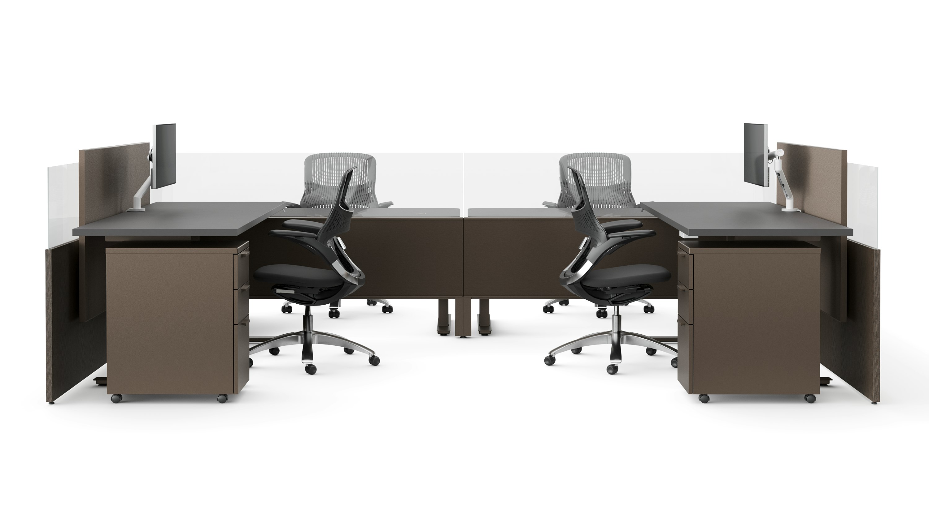 A group of workstations in a dark color veneer are shown straight on.
