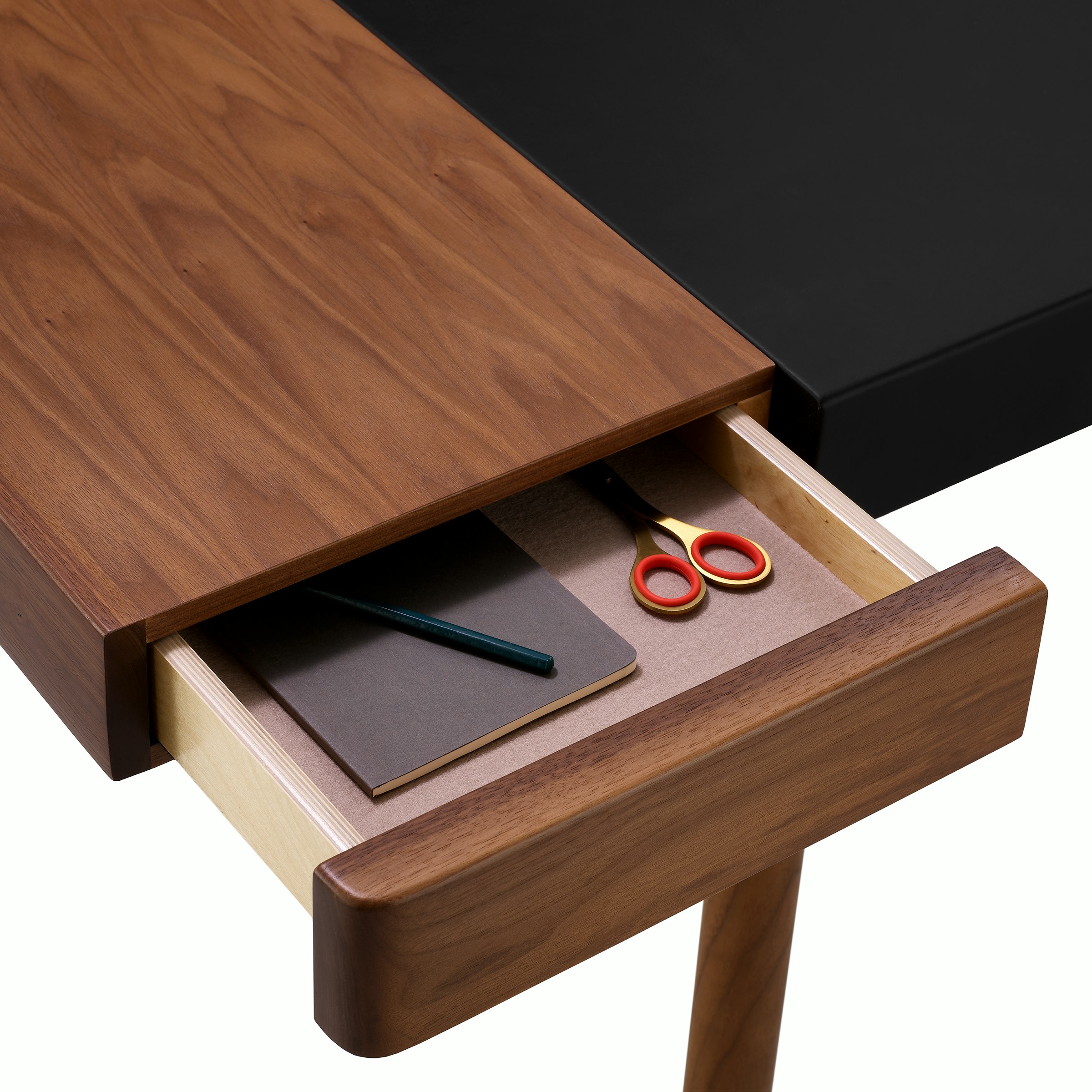 New Canaan Leathewrap Sit-to-Stand Desk with open drawer on left side.