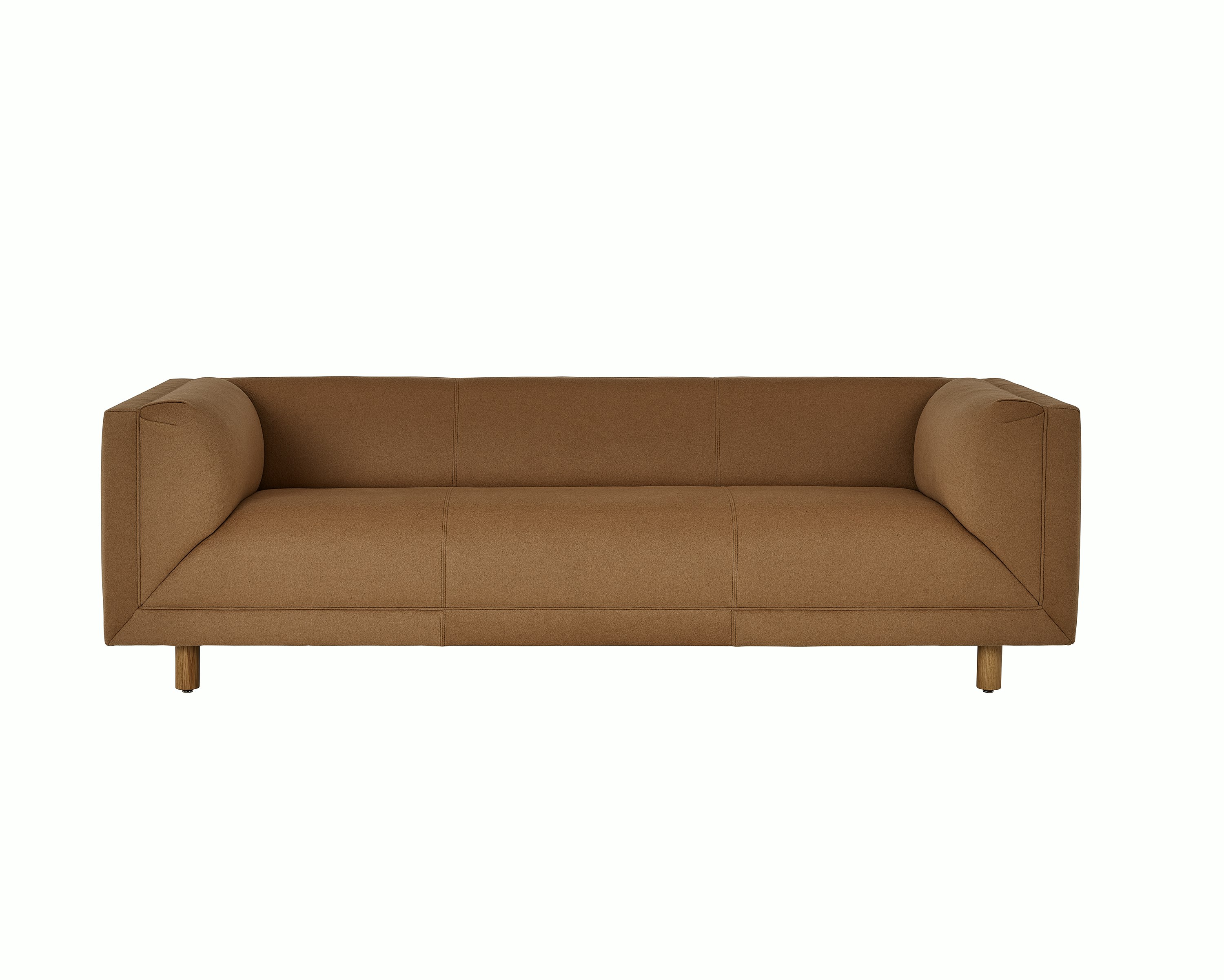 Rolled Arm Sofa designed by Ward Bennett upholstered in Brushed Camel in Natural with a Natural Oak base, shown front-facing on a white sweep.