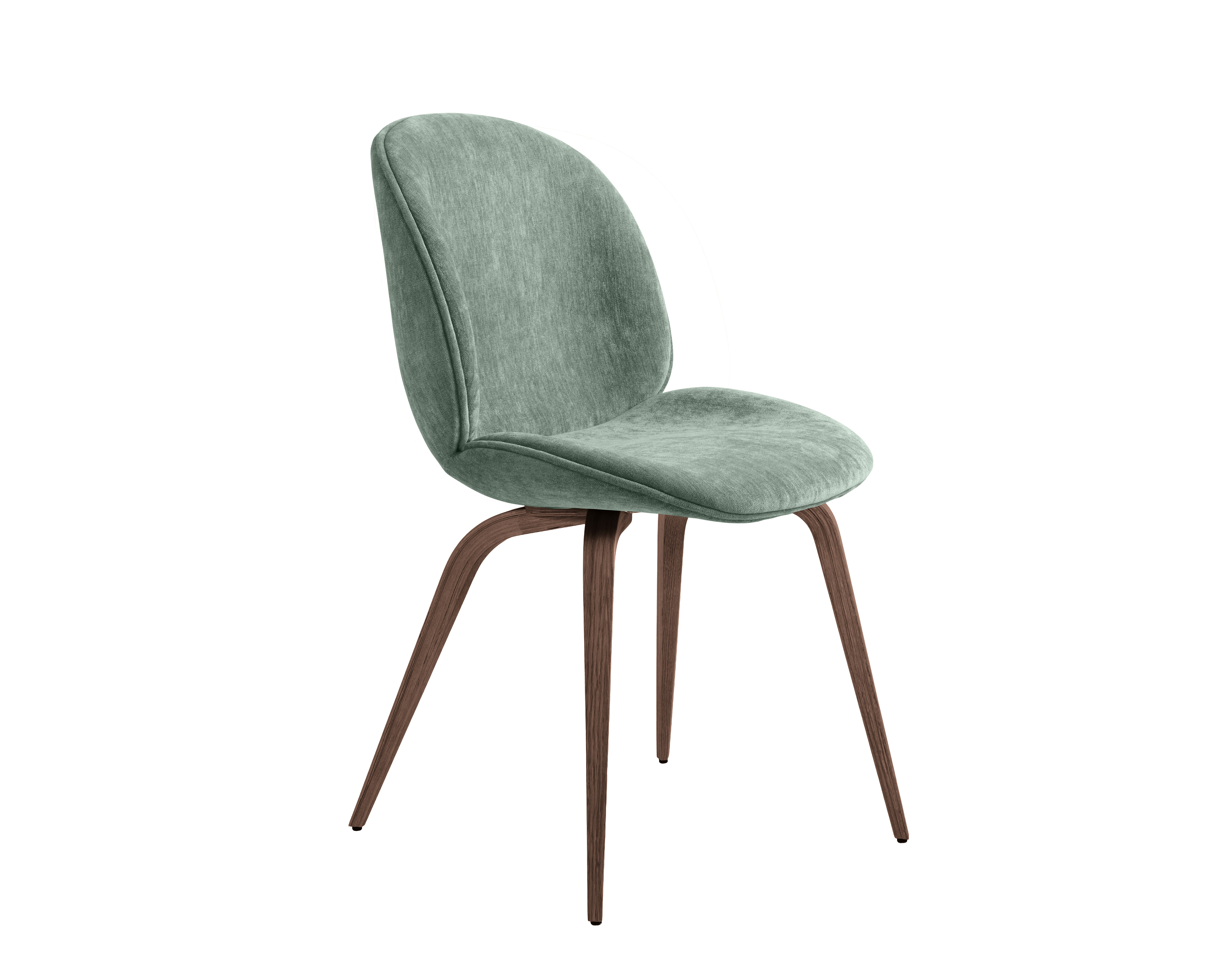 A Beetle Side Chair in dark green, walnut viewed from an angle.
