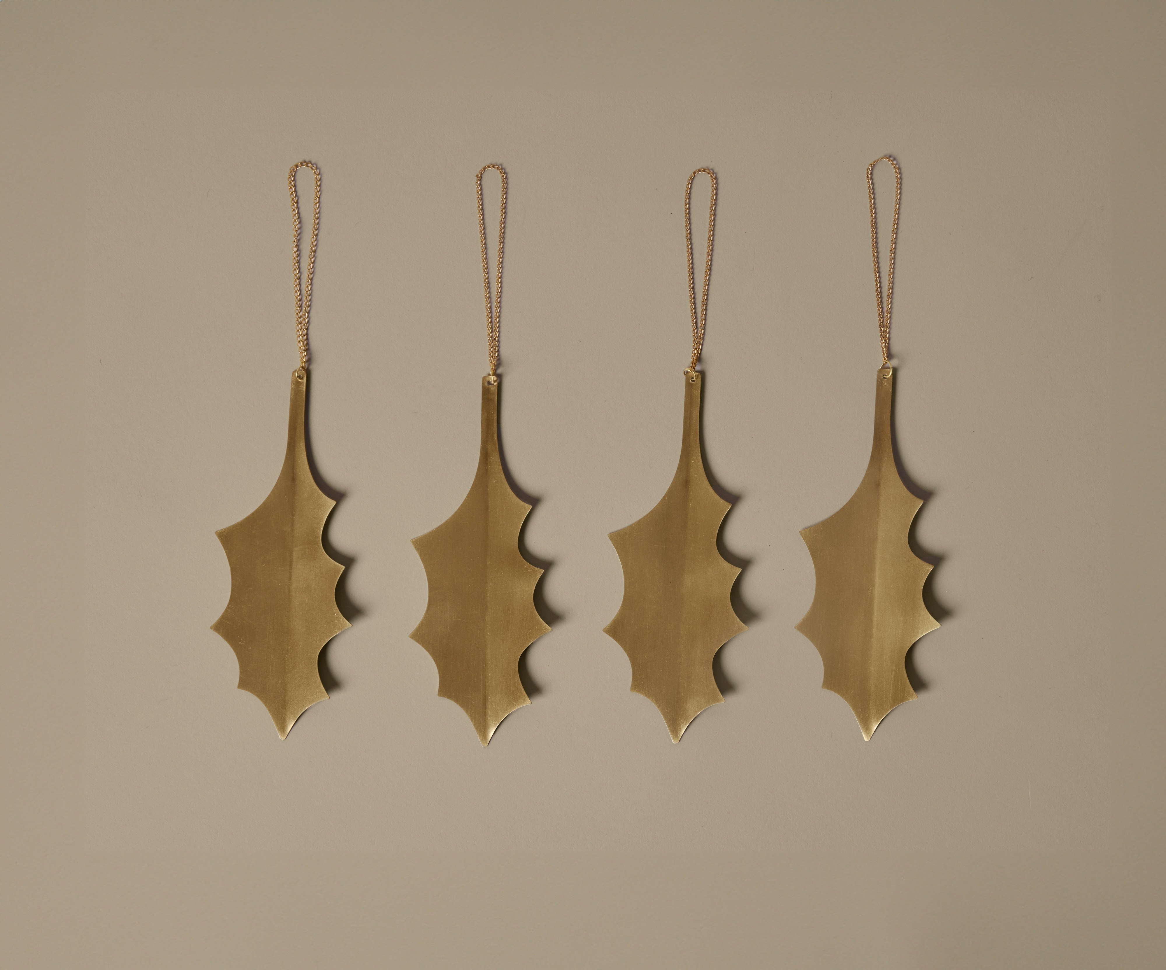 Holly Leaf Brass Ornaments - Set of 4